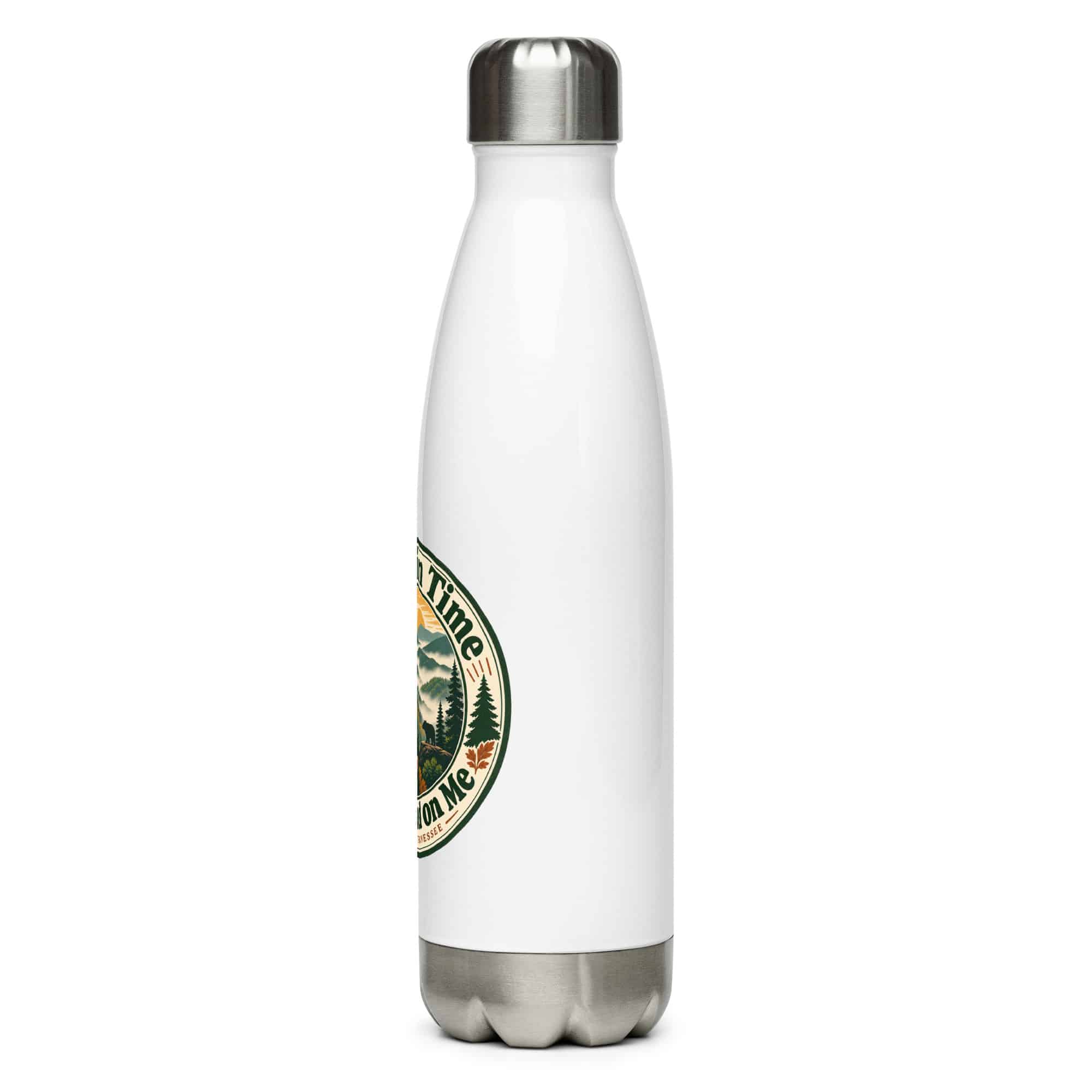 Gatlinburg and the Smokies Stainless Steel Water Bottle: Mountain Time Looks Good on Me, Vintage Round Badge