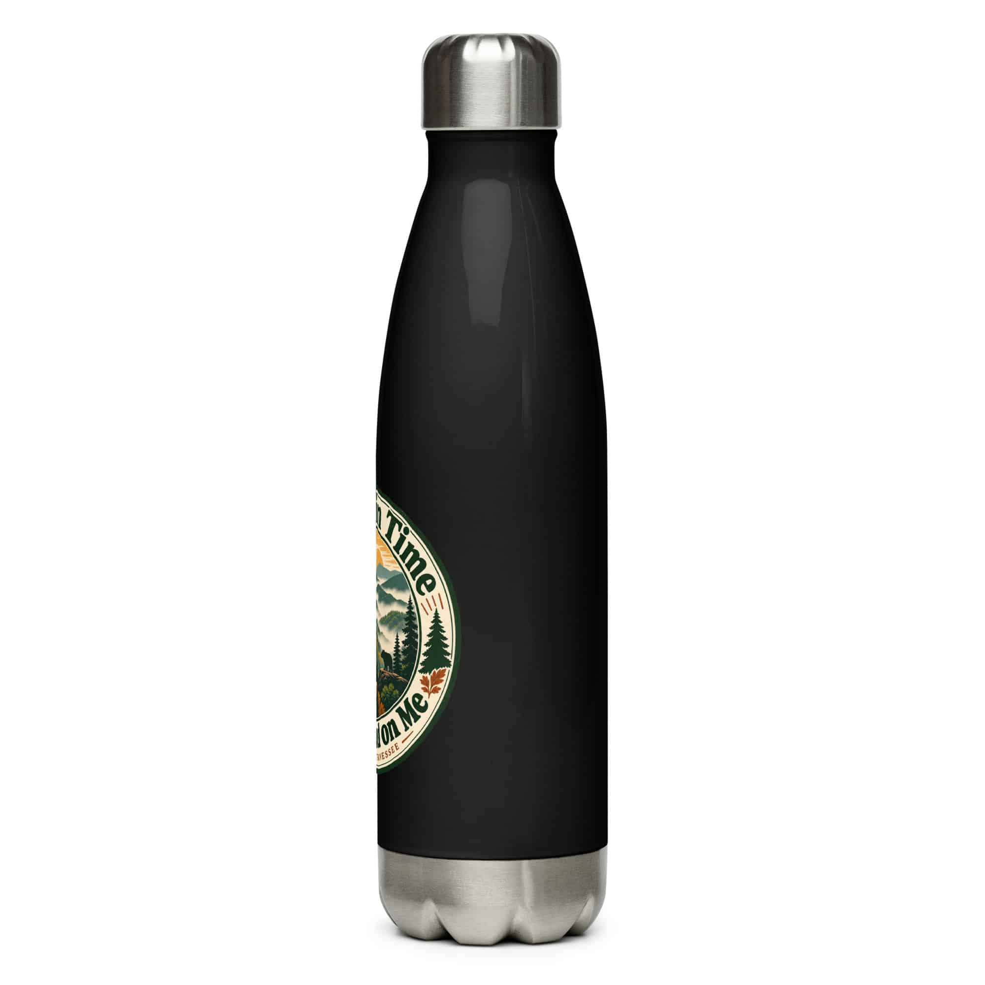 Gatlinburg and the Smokies Stainless Steel Water Bottle: Mountain Time Looks Good on Me, Vintage Round Badge
