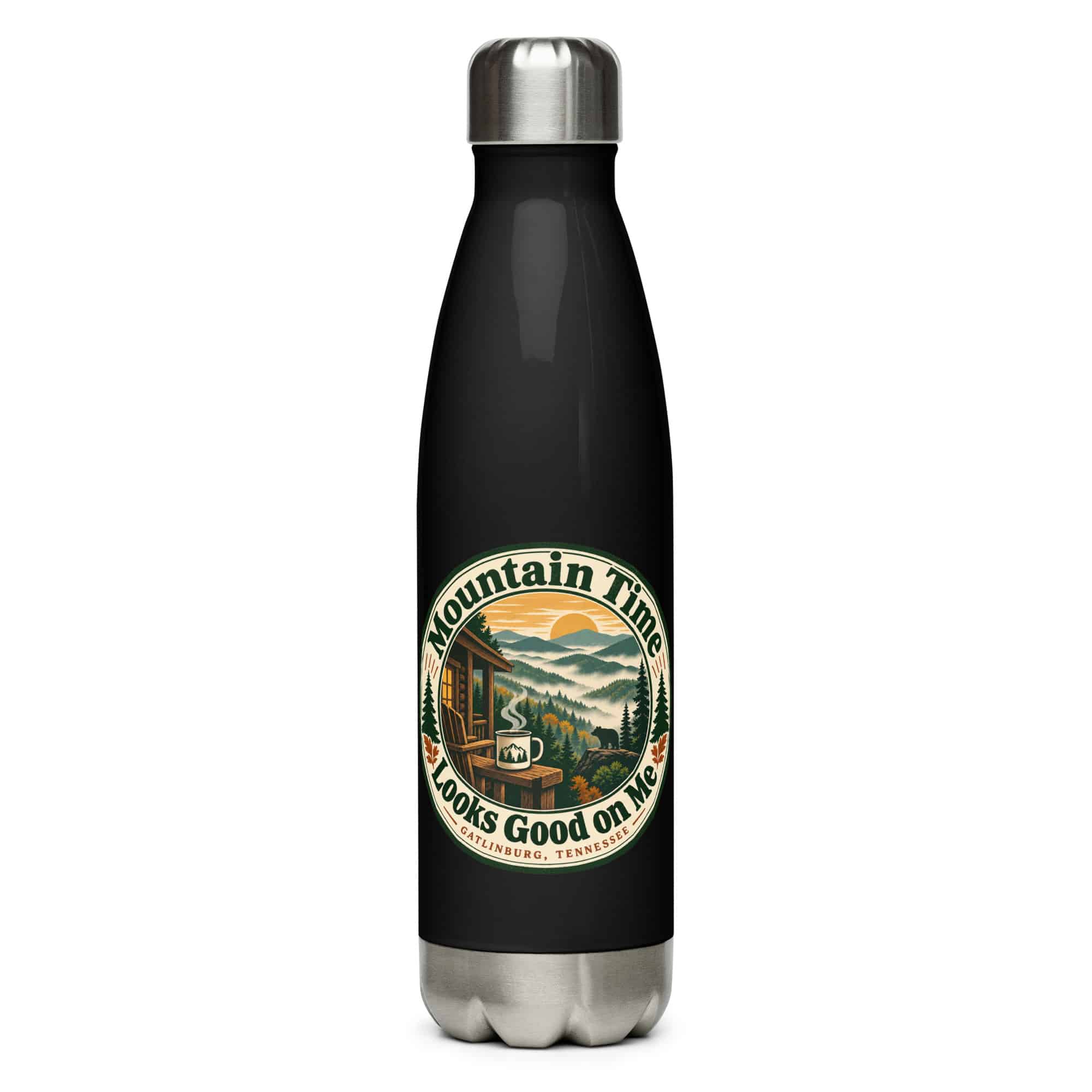 Gatlinburg and the Smokies Stainless Steel Water Bottle: Mountain Time Looks Good on Me, Vintage Round Badge