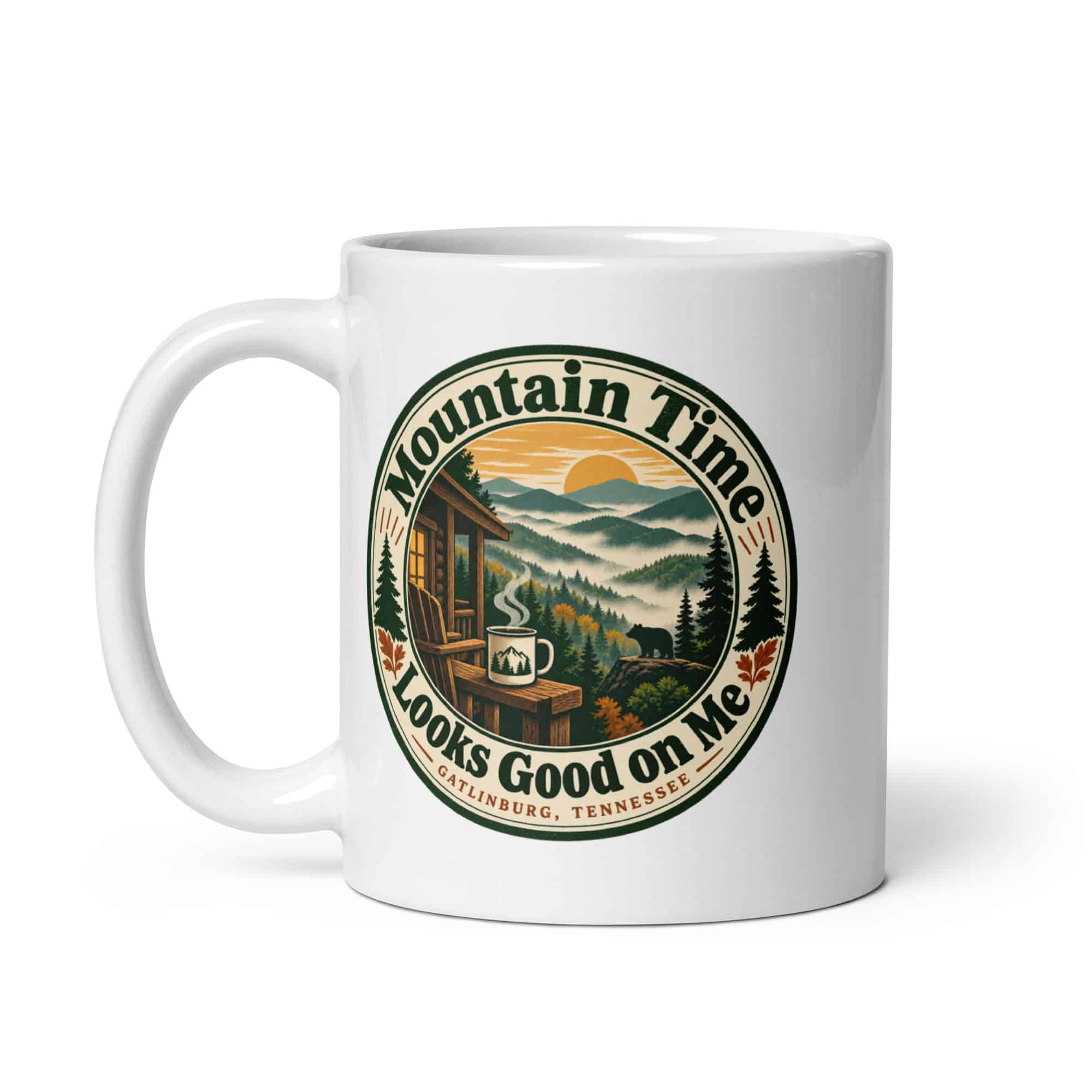 Gatlinburg and the Smokies White Ceramic Coffee Mug: Mountain Time Looks Good on Me, Vintage Round Badge