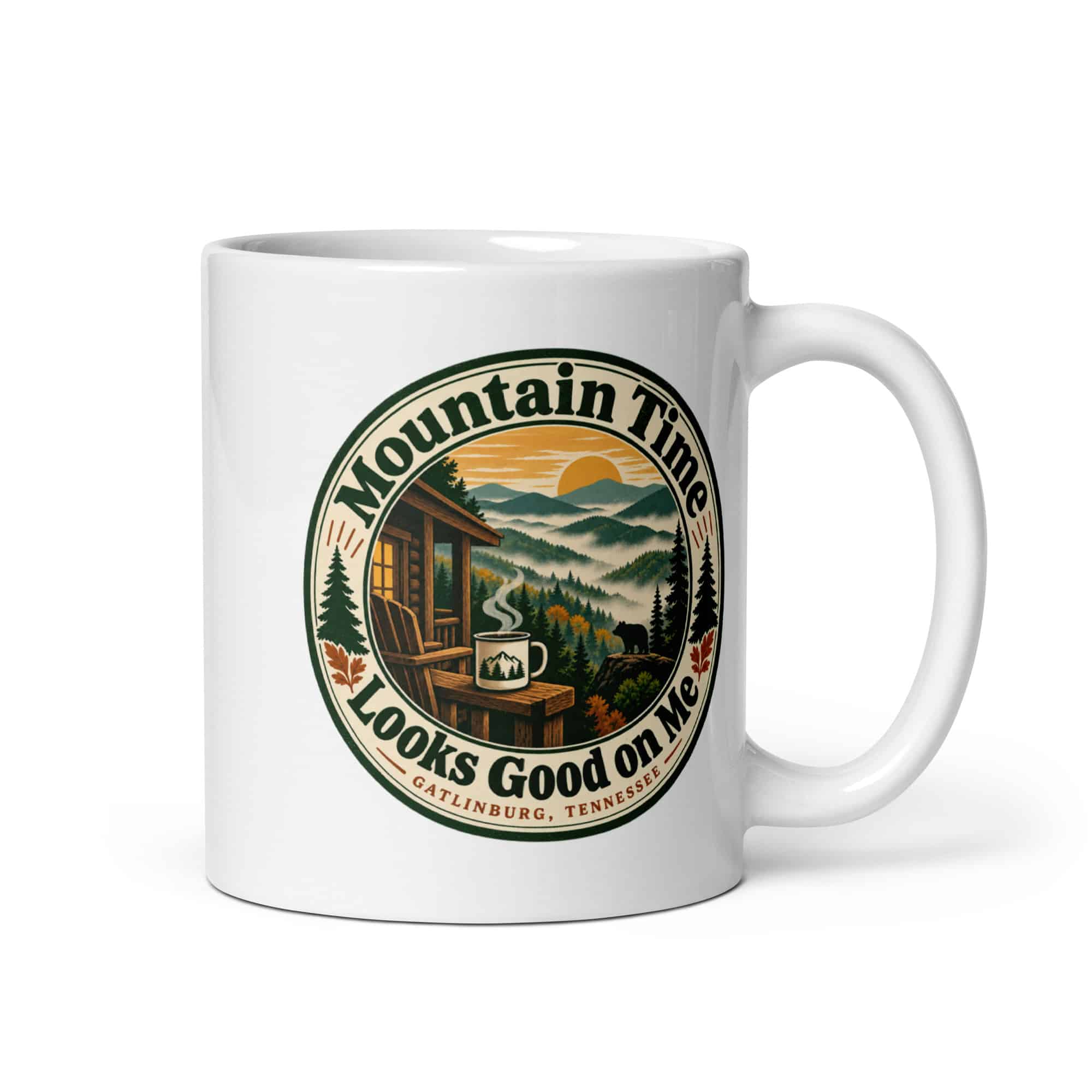 Gatlinburg and the Smokies White Ceramic Coffee Mug: Mountain Time Looks Good on Me, Vintage Round Badge