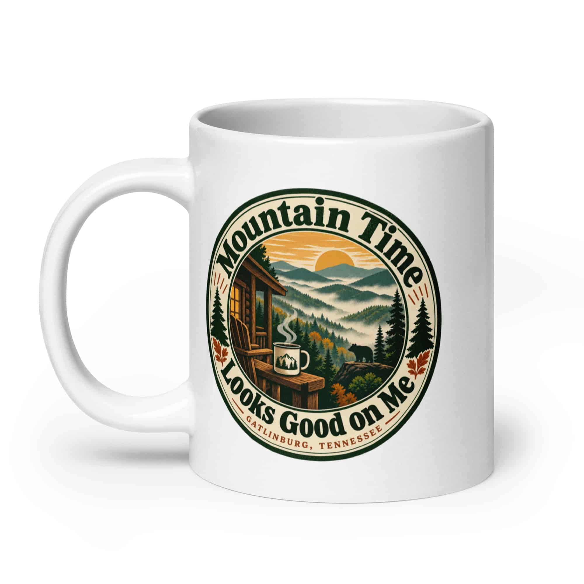Gatlinburg and the Smokies White Ceramic Coffee Mug: Mountain Time Looks Good on Me, Vintage Round Badge