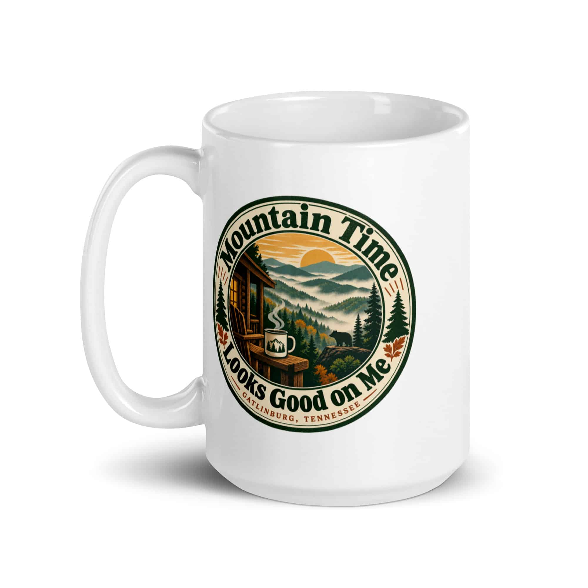 Gatlinburg and the Smokies White Ceramic Coffee Mug: Mountain Time Looks Good on Me, Vintage Round Badge