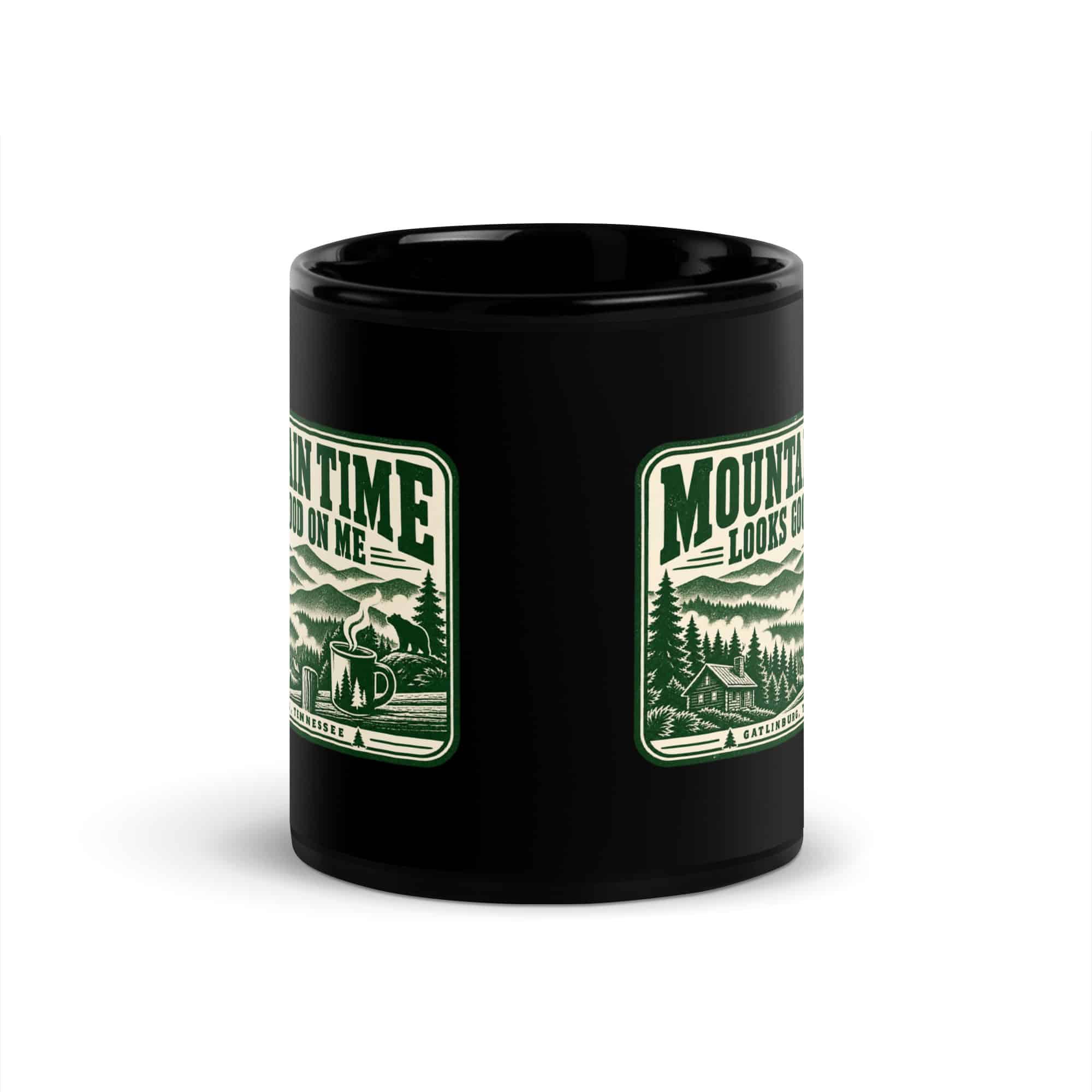 Gatlinburg and the Smokies Black Coffee Mug: Mountain Time Looks Good on Me, Forest Ink Stamp