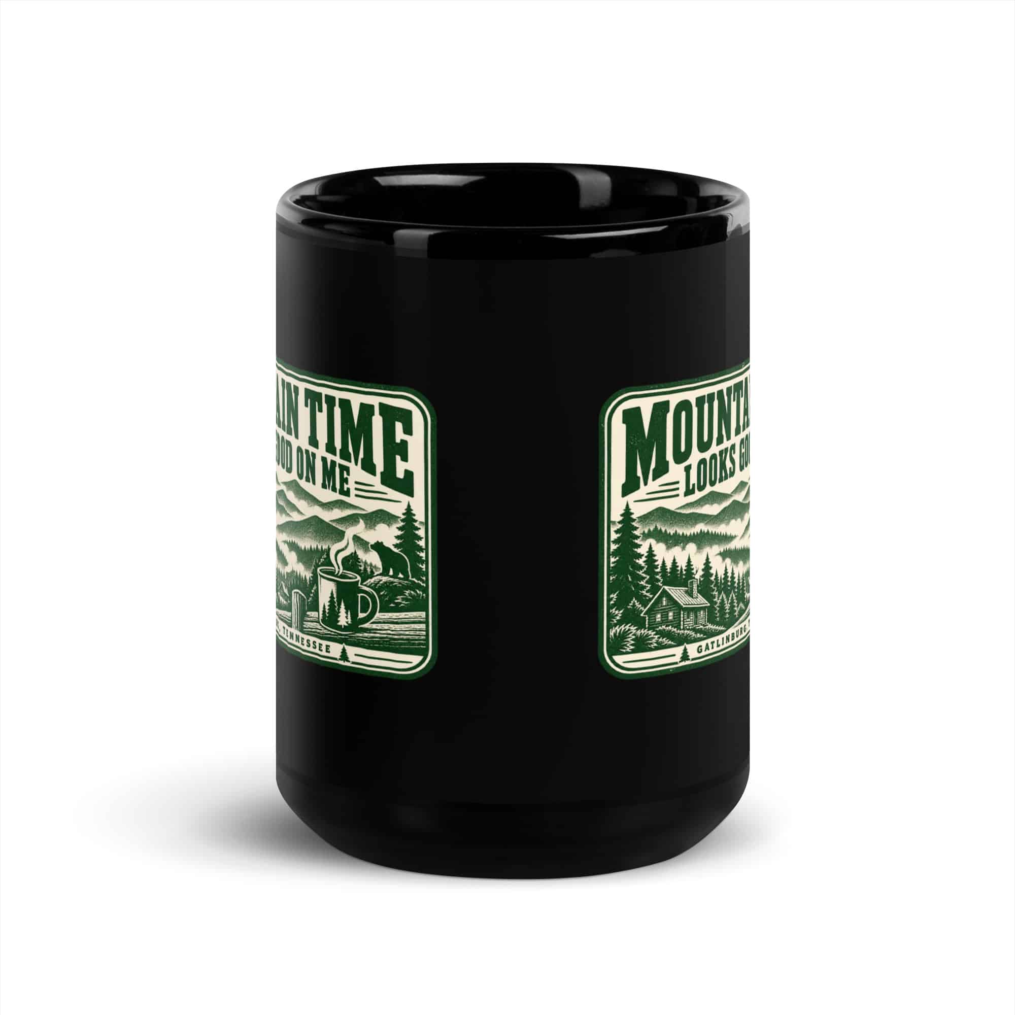 Gatlinburg and the Smokies Black Coffee Mug: Mountain Time Looks Good on Me, Forest Ink Stamp