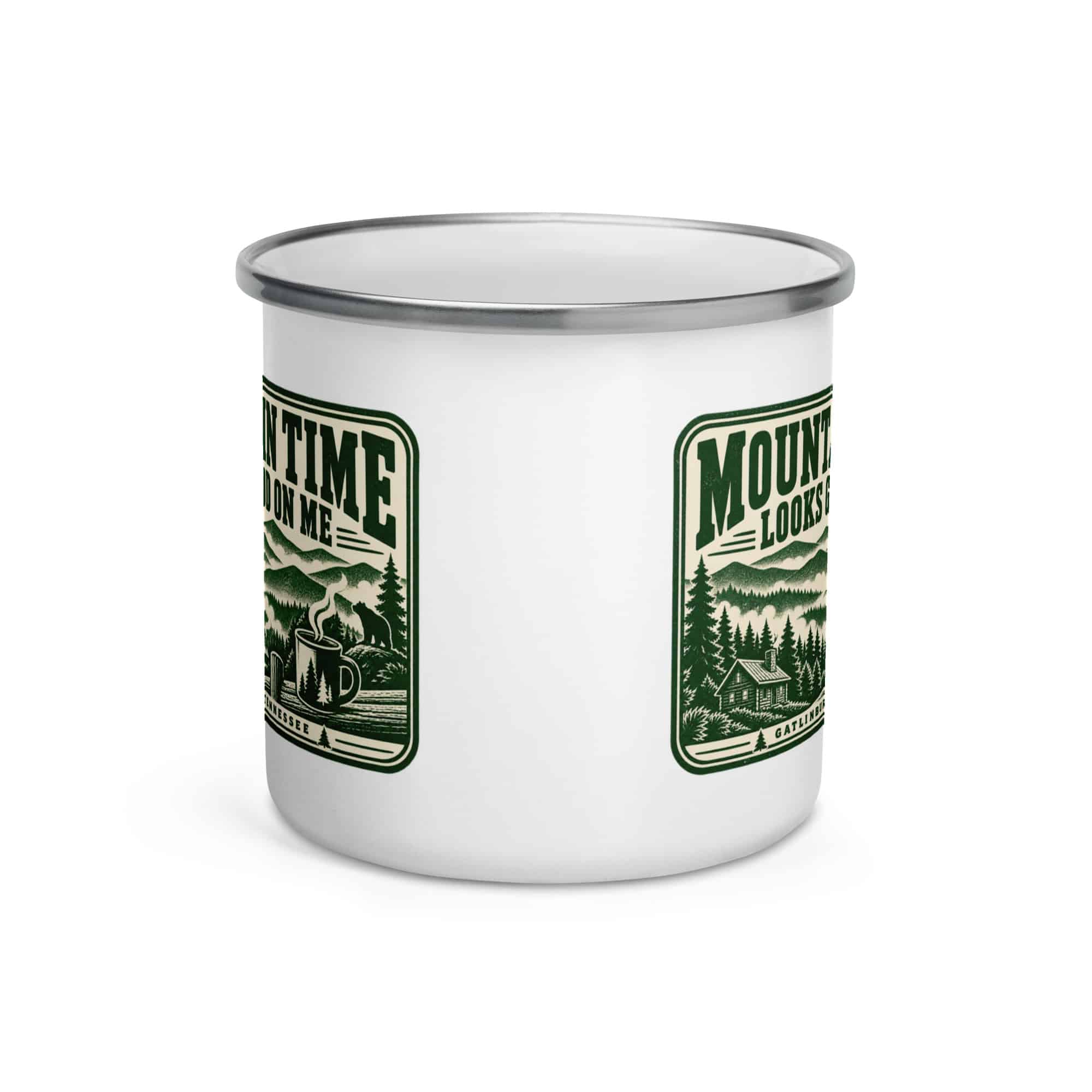 Gatlinburg and the Smokies Enamel Camp Mug: Mountain Time Looks Good on Me, Forest Ink Stamp