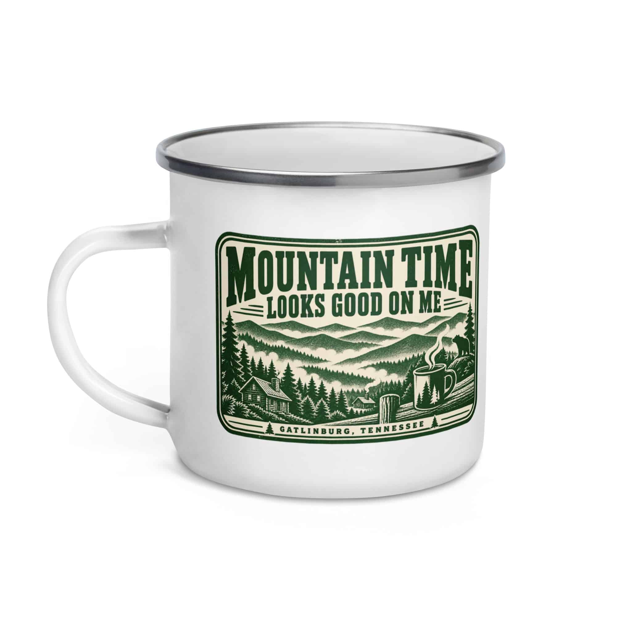 Gatlinburg and the Smokies Enamel Camp Mug: Mountain Time Looks Good on Me, Forest Ink Stamp