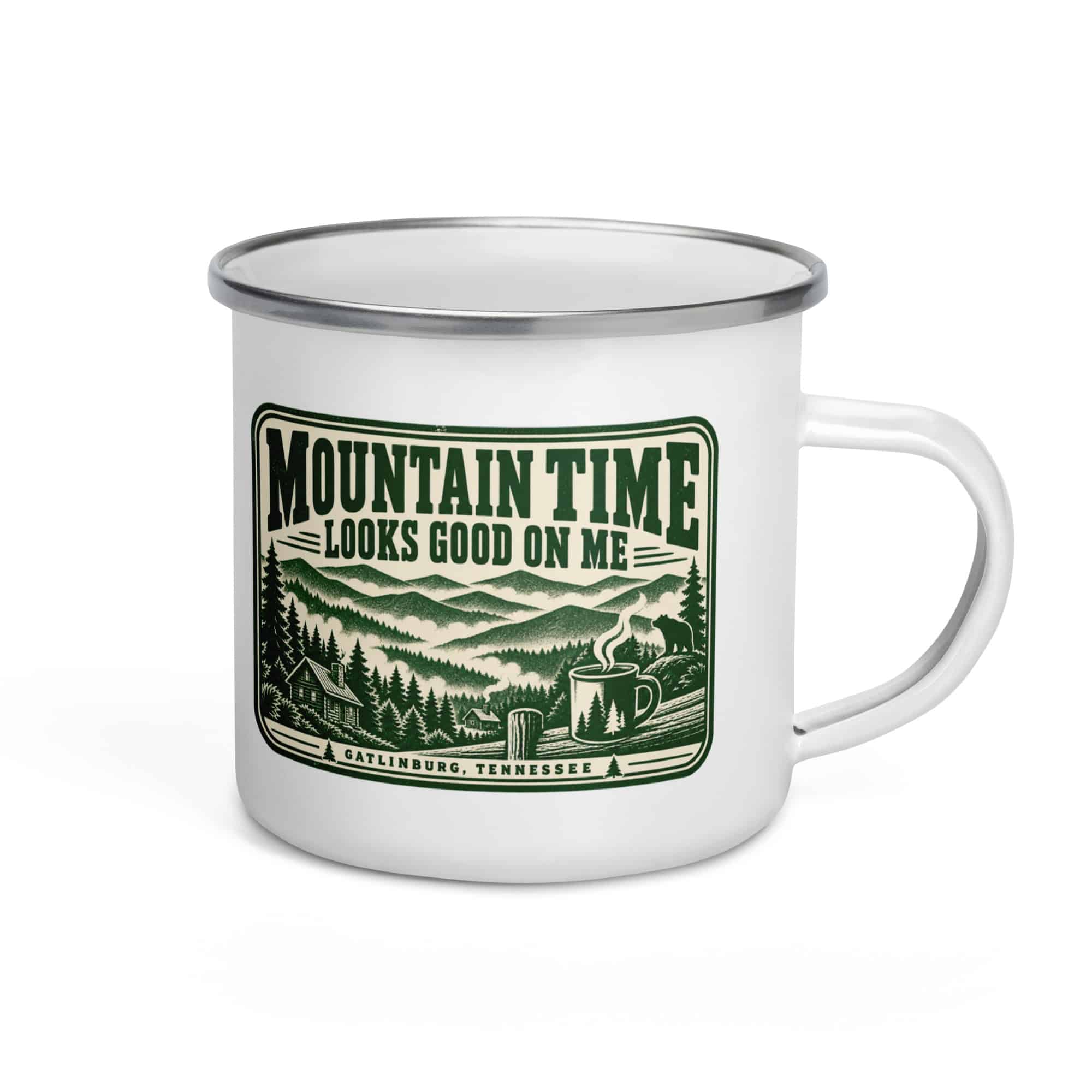 Gatlinburg and the Smokies Enamel Camp Mug: Mountain Time Looks Good on Me, Forest Ink Stamp