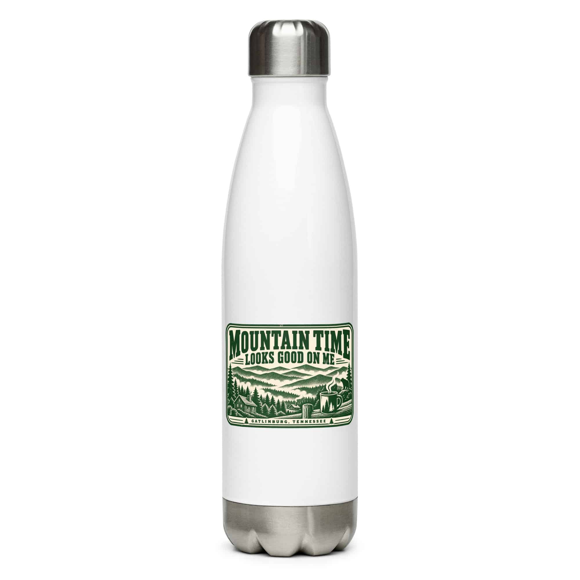 Gatlinburg and the Smokies Stainless Steel Water Bottle: Mountain Time Looks Good on Me, Forest Ink Stamp