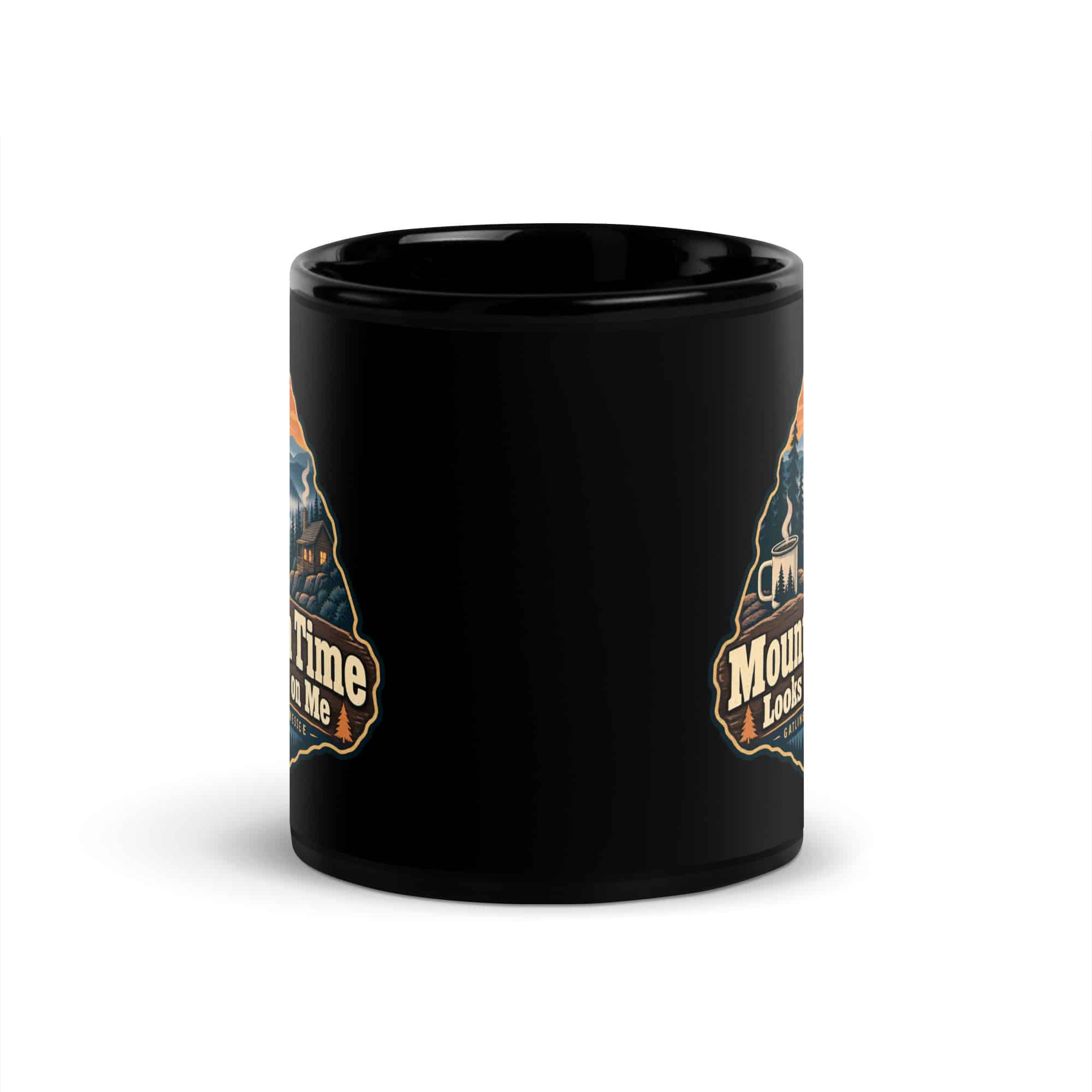 Gatlinburg and the Smokies Black Coffee Mug: Mountain Time Looks Good on Me, Scenic Shield Badge