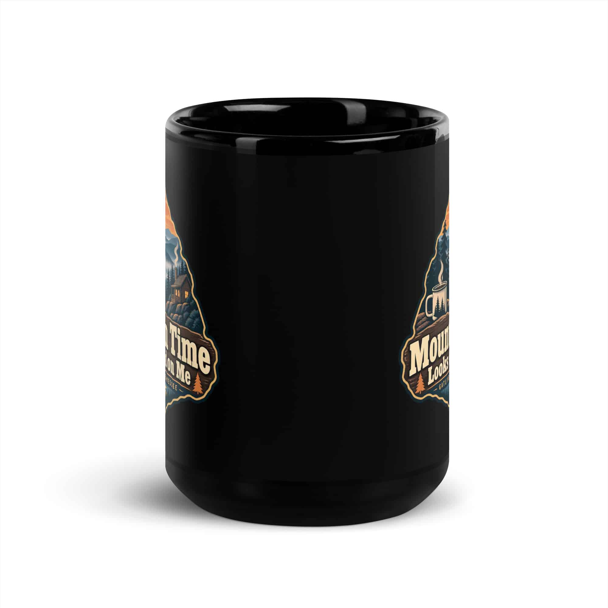 Gatlinburg and the Smokies Black Coffee Mug: Mountain Time Looks Good on Me, Scenic Shield Badge