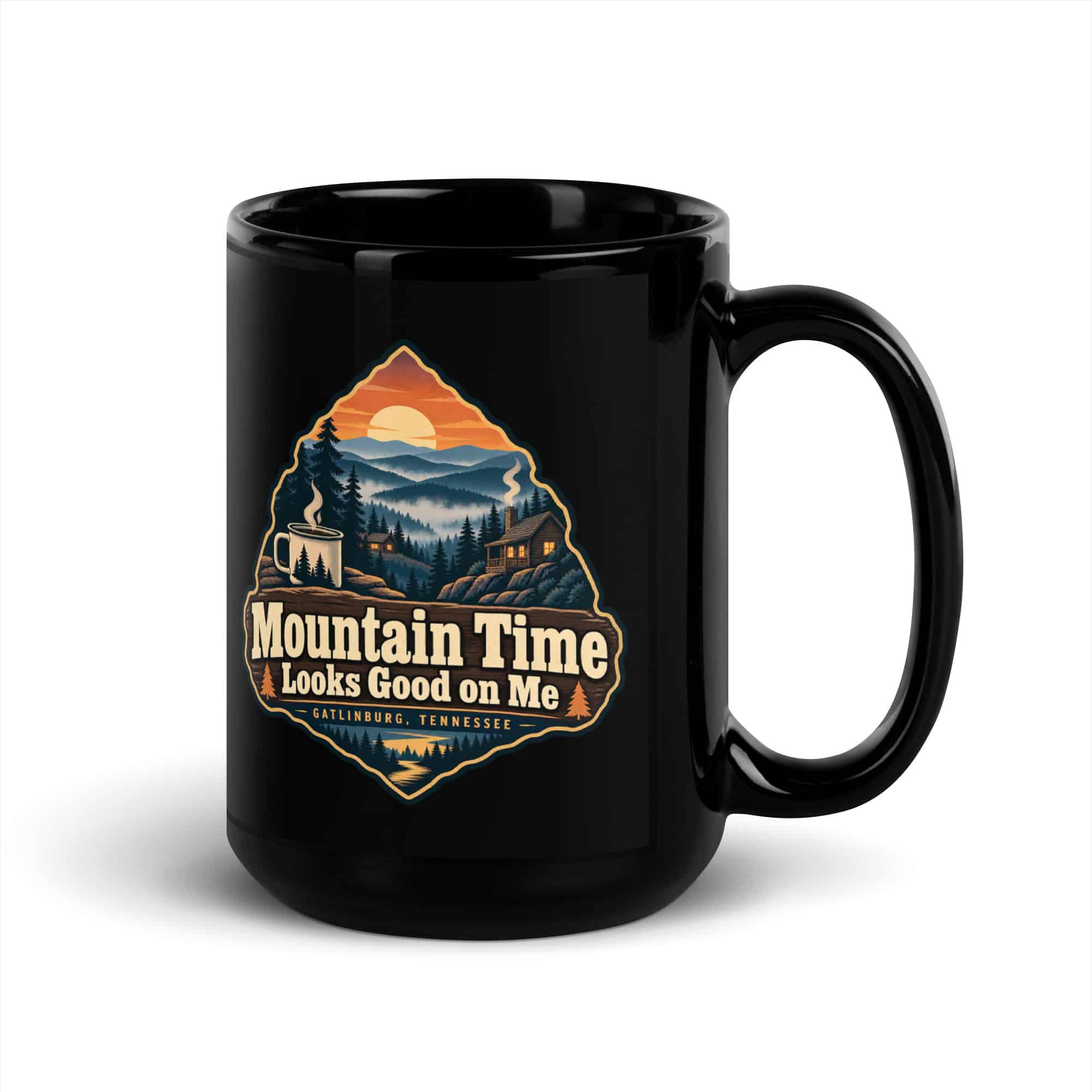 Gatlinburg and the Smokies Black Coffee Mug: Mountain Time Looks Good on Me, Scenic Shield Badge