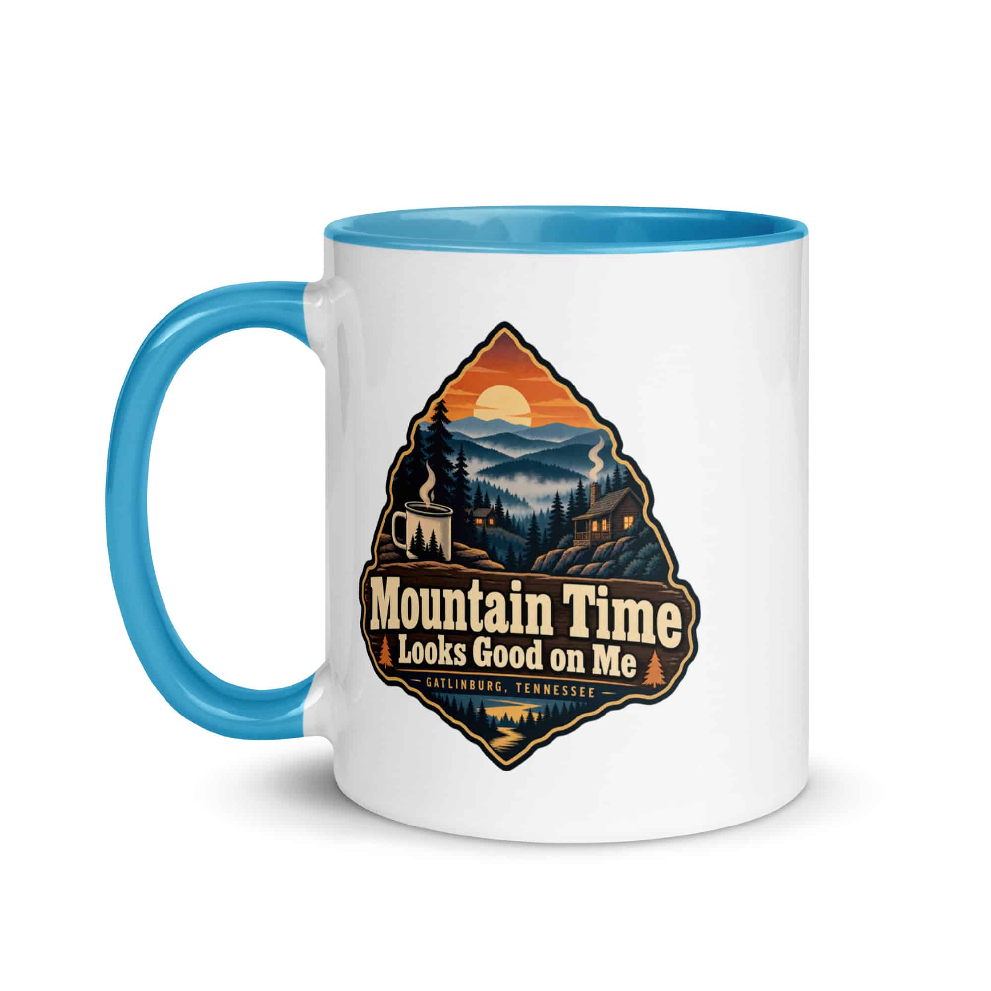 Gatlinburg and the Smokies Color Inside Coffee Mug: Mountain Time Looks Good on Me, Scenic Shield Badge