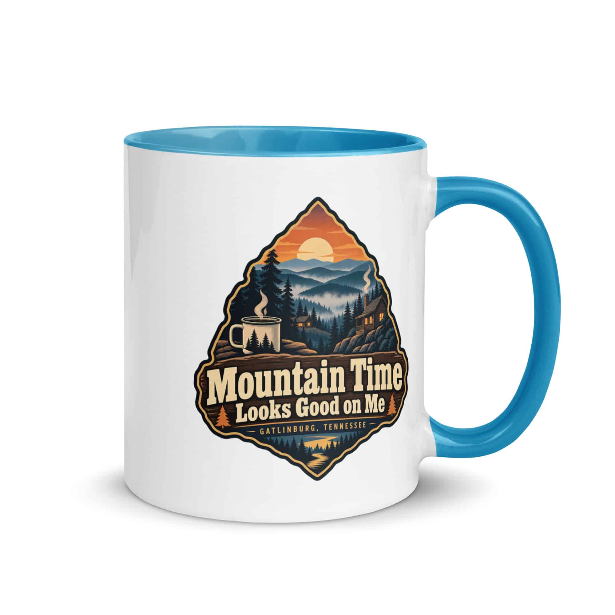 Gatlinburg and the Smokies Color Inside Coffee Mug: Mountain Time Looks Good on Me, Scenic Shield Badge