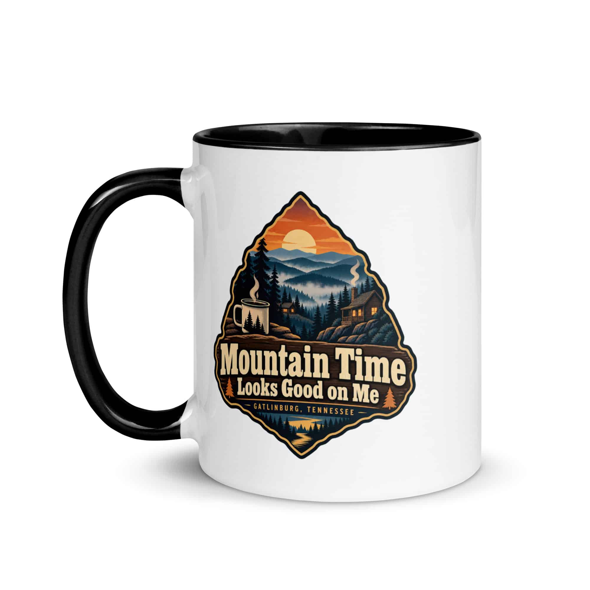 Gatlinburg and the Smokies Color Inside Coffee Mug: Mountain Time Looks Good on Me, Scenic Shield Badge