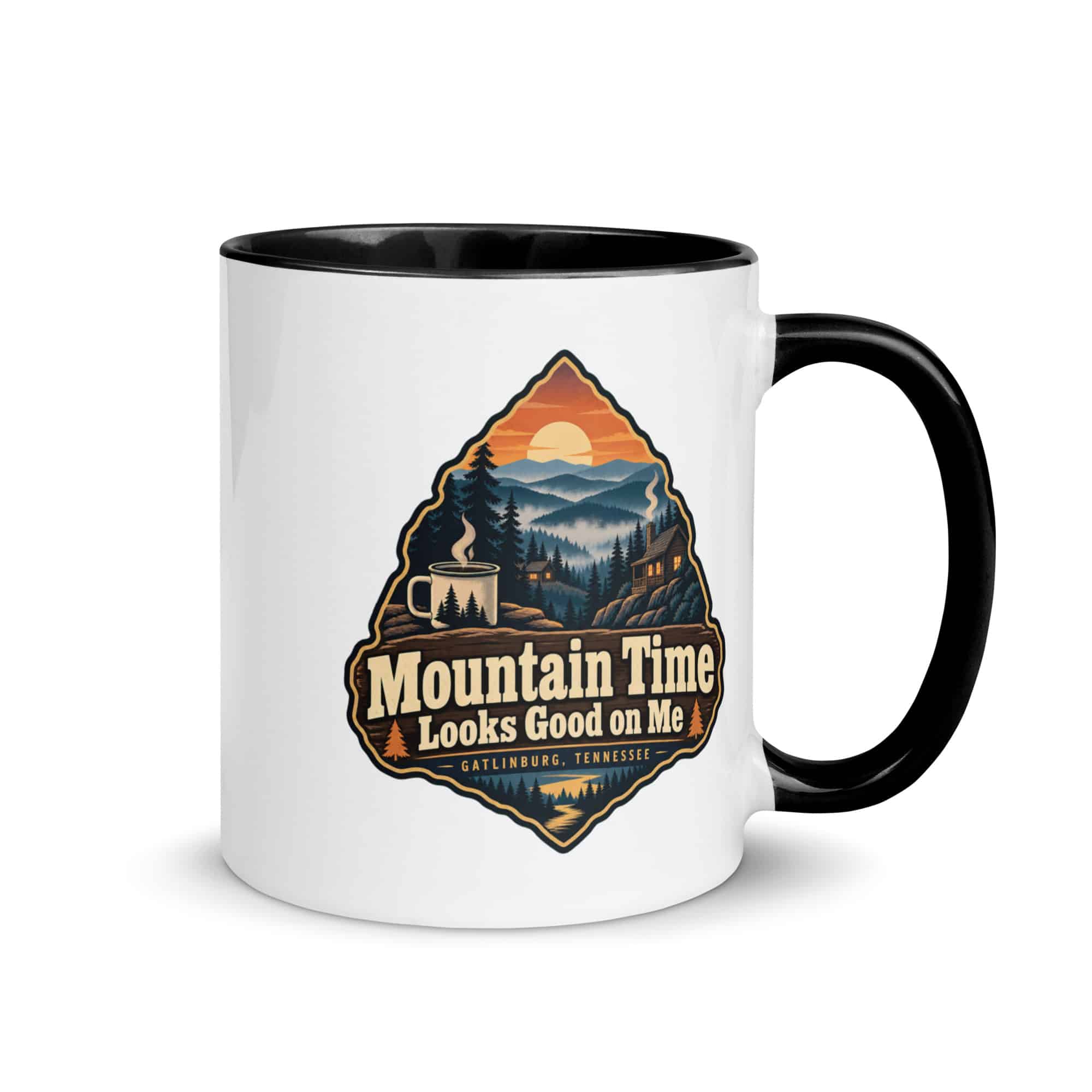 Gatlinburg and the Smokies Color Inside Coffee Mug: Mountain Time Looks Good on Me, Scenic Shield Badge