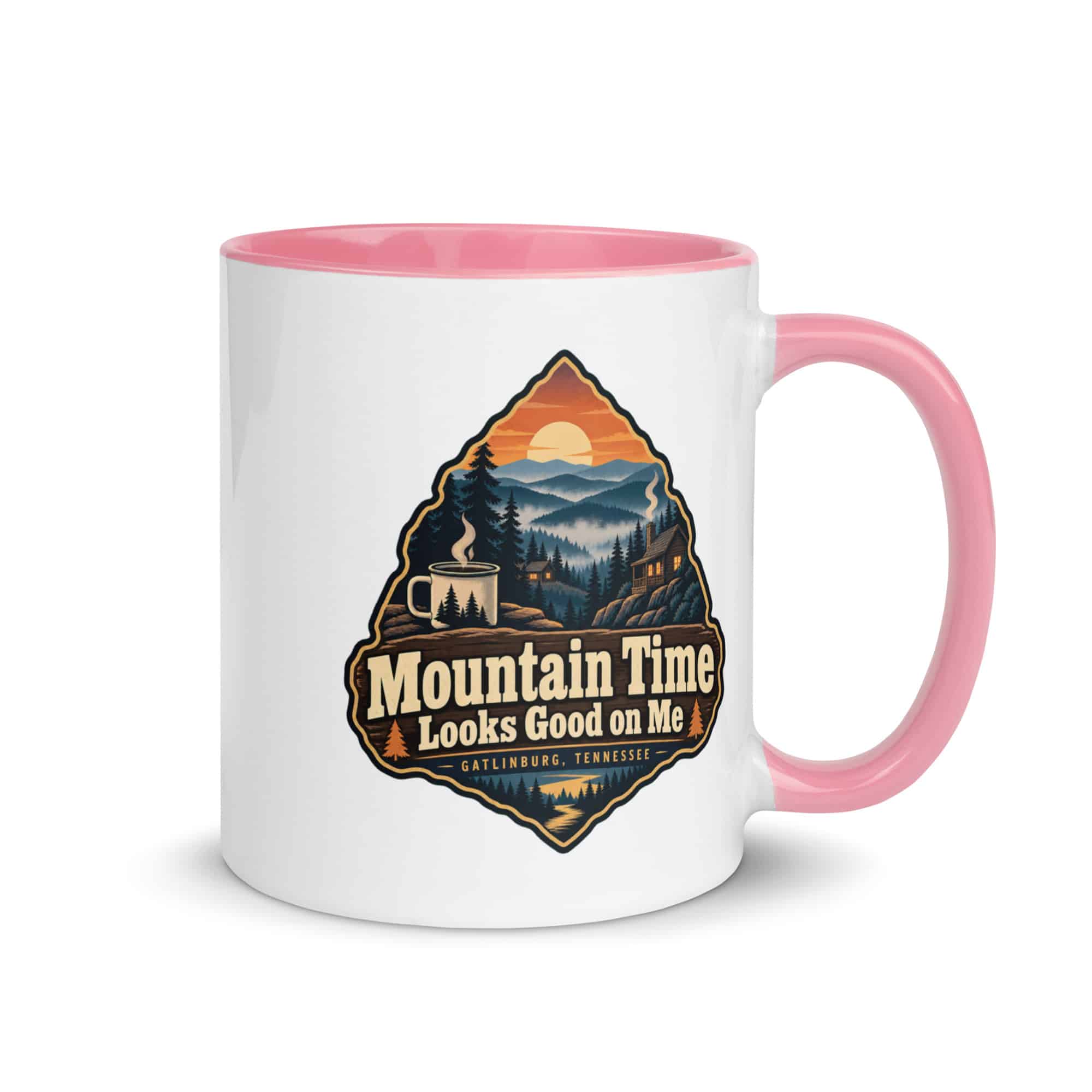 Gatlinburg and the Smokies Color Inside Coffee Mug: Mountain Time Looks Good on Me, Scenic Shield Badge