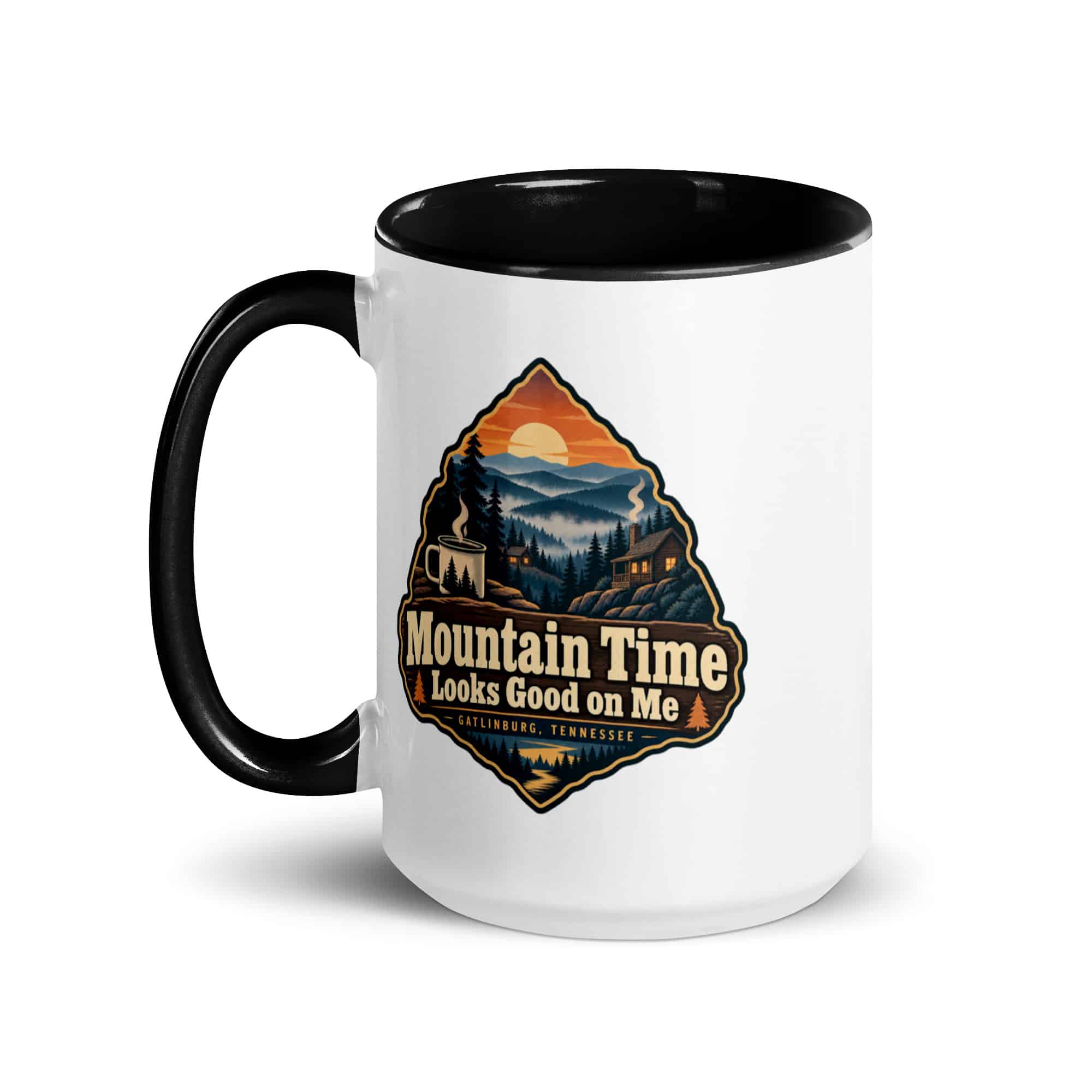 Gatlinburg and the Smokies Color Inside Coffee Mug: Mountain Time Looks Good on Me, Scenic Shield Badge