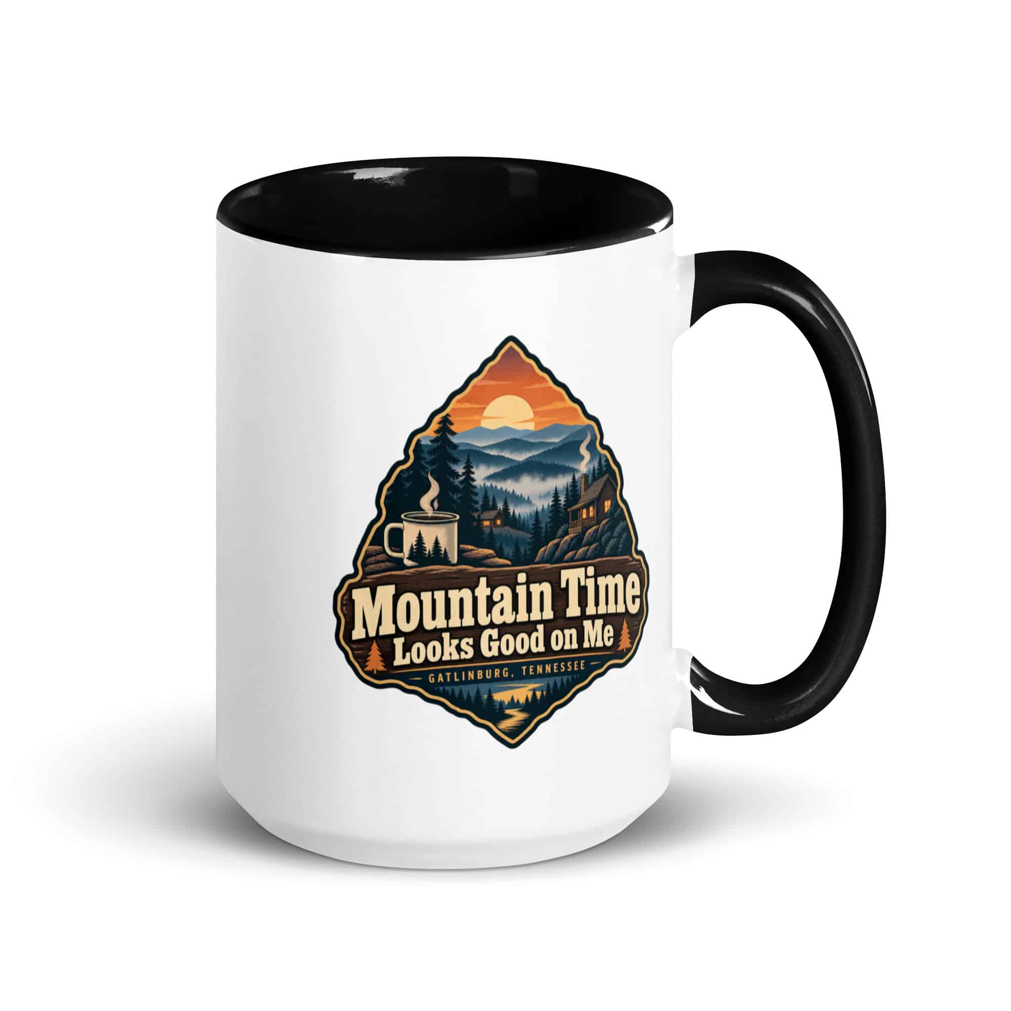 Gatlinburg and the Smokies Color Inside Coffee Mug: Mountain Time Looks Good on Me, Scenic Shield Badge