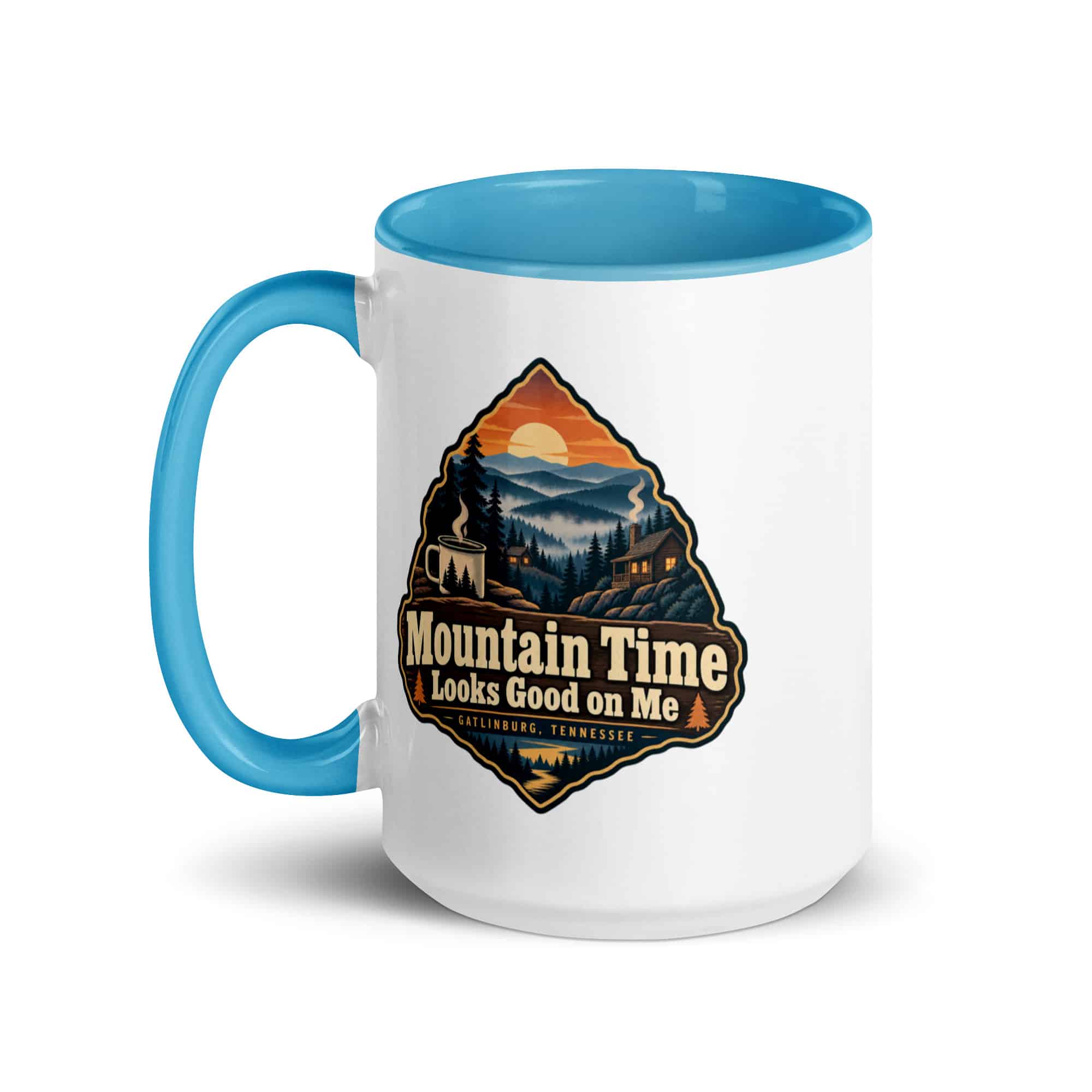 Gatlinburg and the Smokies Color Inside Coffee Mug: Mountain Time Looks Good on Me, Scenic Shield Badge