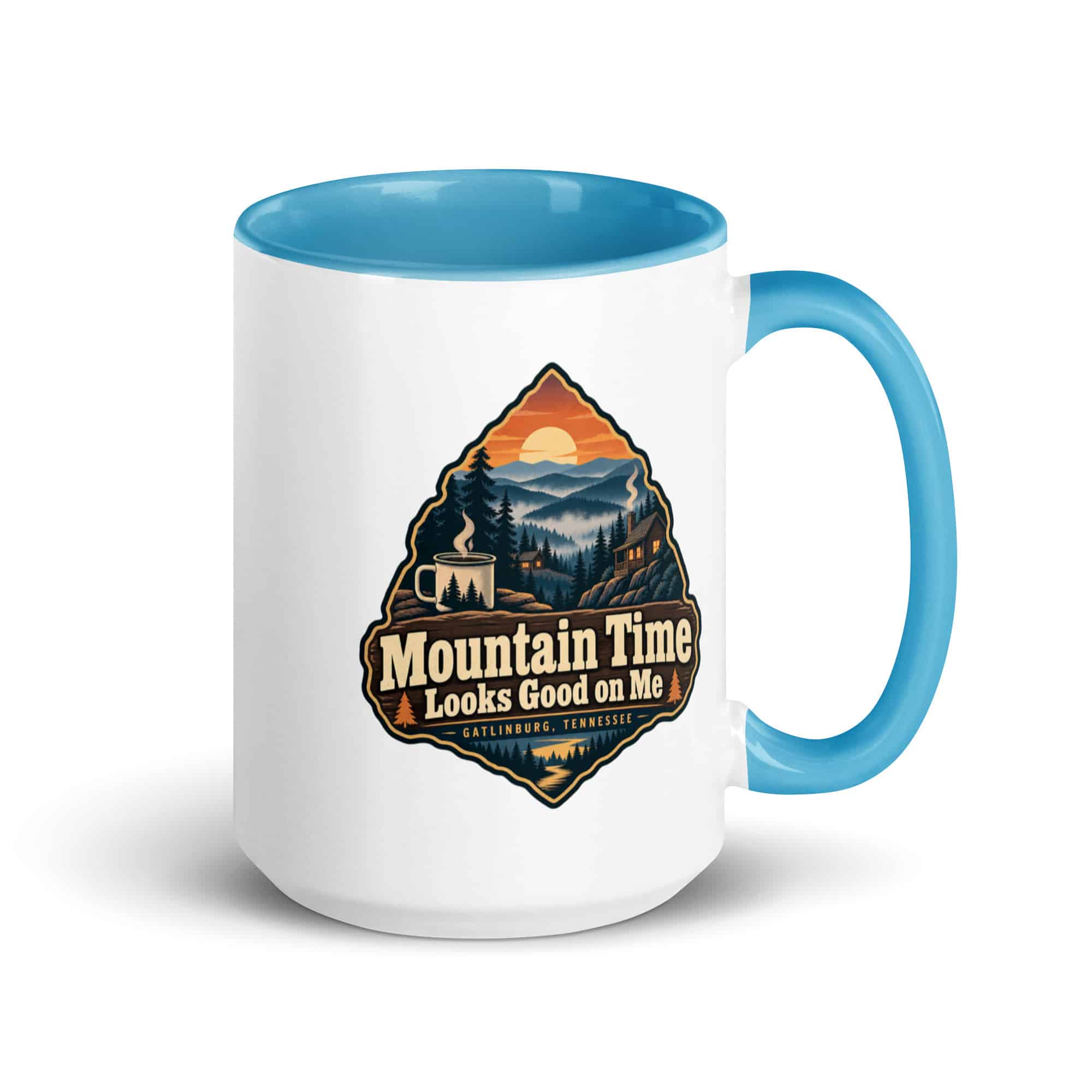 Gatlinburg and the Smokies Color Inside Coffee Mug: Mountain Time Looks Good on Me, Scenic Shield Badge