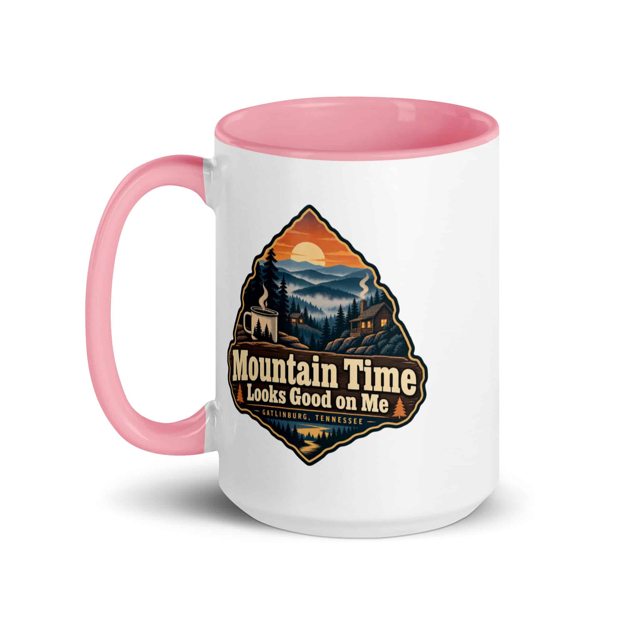 Gatlinburg and the Smokies Color Inside Coffee Mug: Mountain Time Looks Good on Me, Scenic Shield Badge