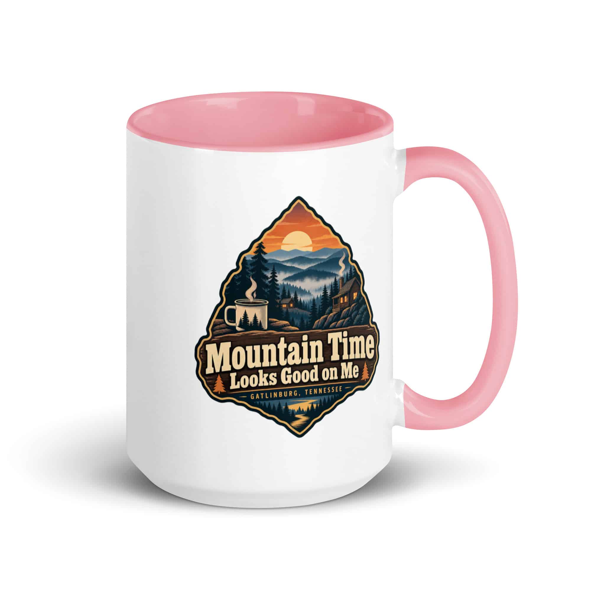 Gatlinburg and the Smokies Color Inside Coffee Mug: Mountain Time Looks Good on Me, Scenic Shield Badge