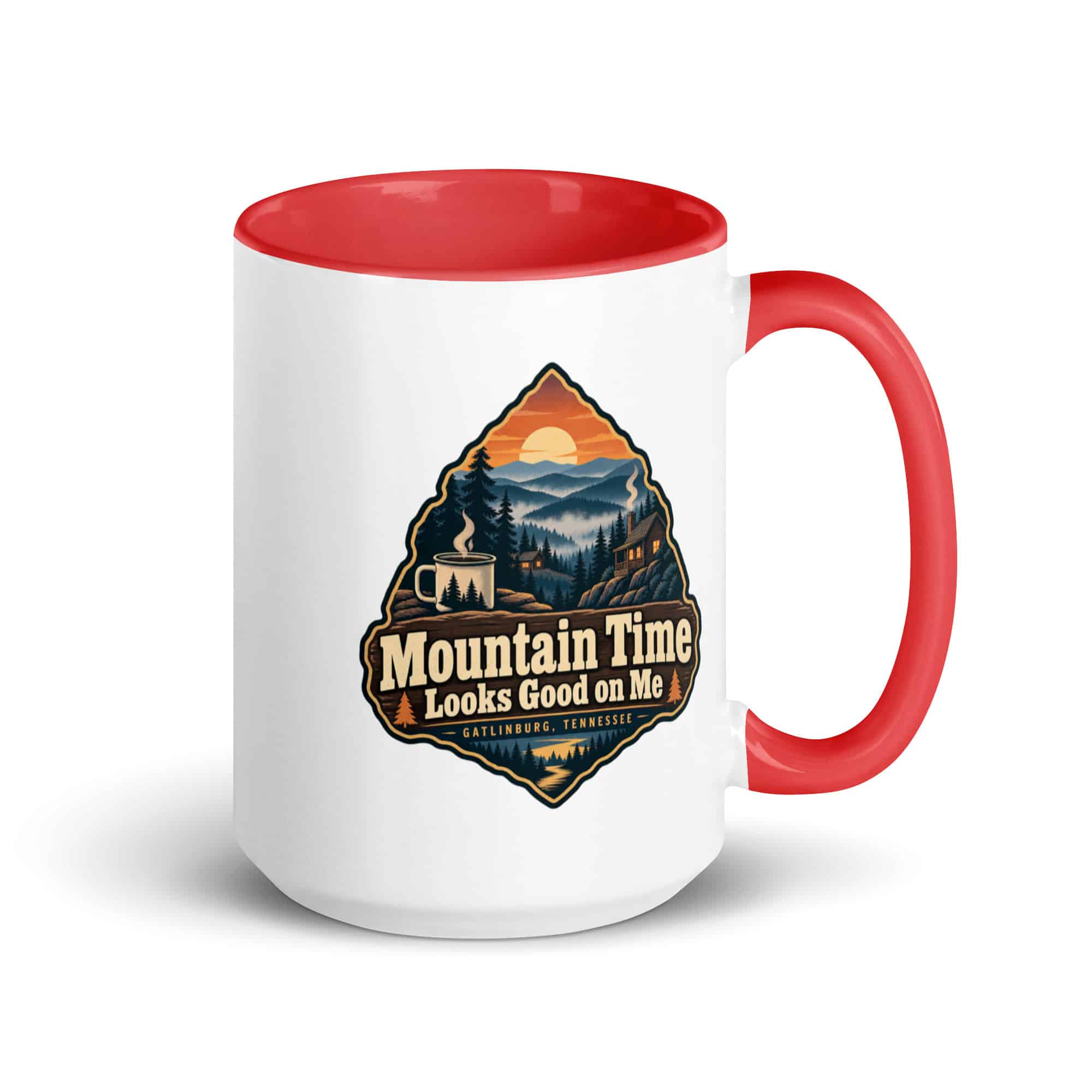 Gatlinburg and the Smokies Color Inside Coffee Mug: Mountain Time Looks Good on Me, Scenic Shield Badge