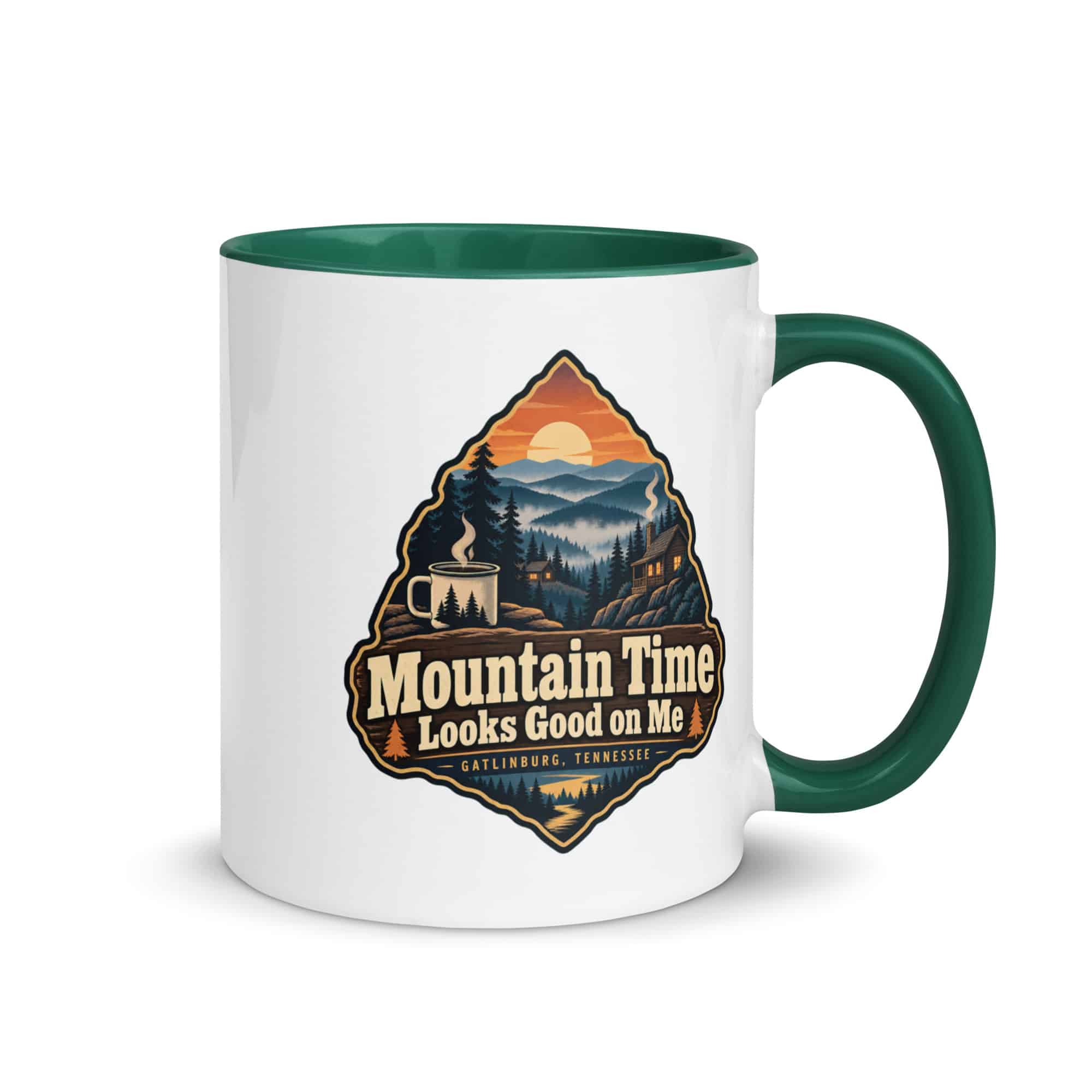 Gatlinburg and the Smokies Color Inside Coffee Mug: Mountain Time Looks Good on Me, Scenic Shield Badge