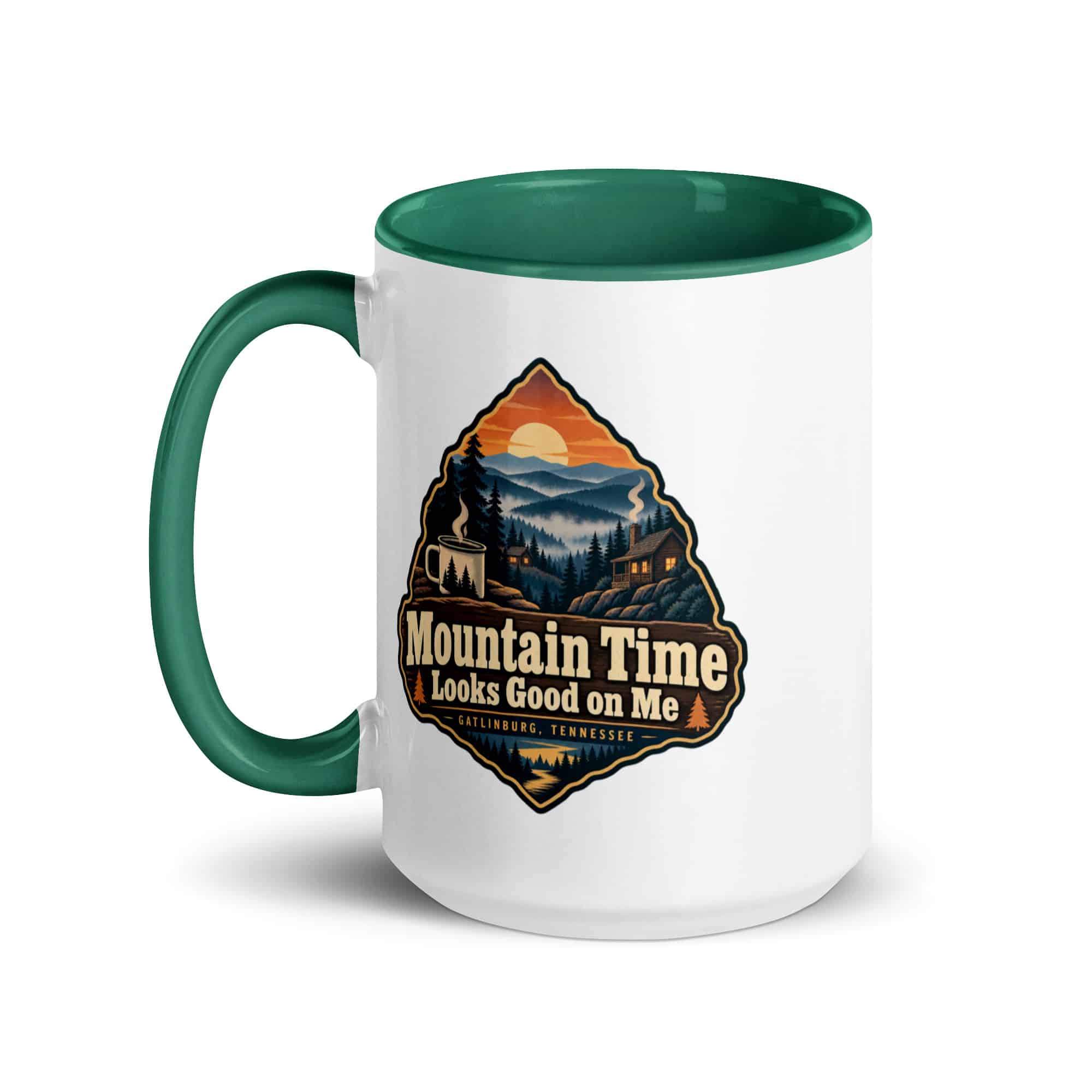 Gatlinburg and the Smokies Color Inside Coffee Mug: Mountain Time Looks Good on Me, Scenic Shield Badge