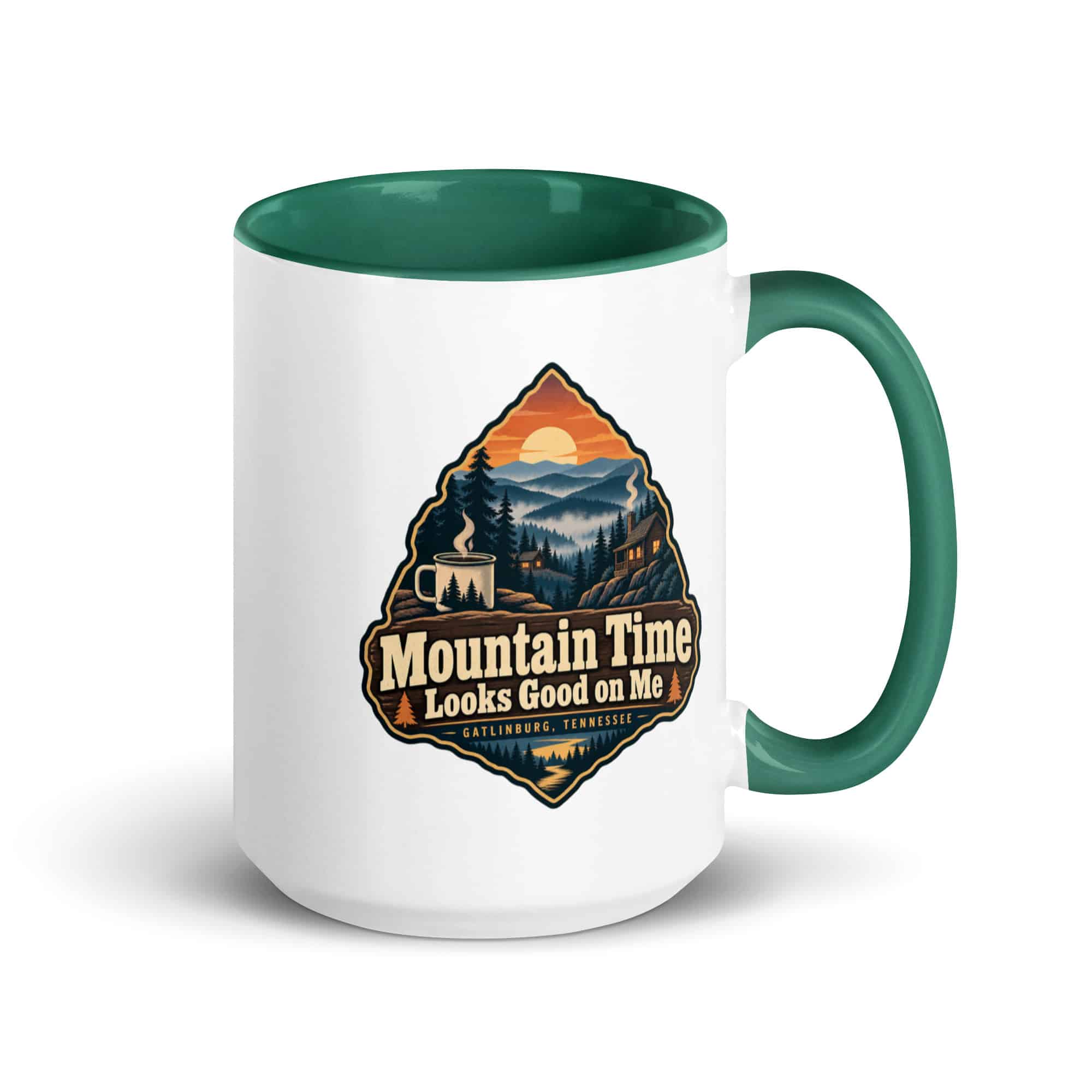 Gatlinburg and the Smokies Color Inside Coffee Mug: Mountain Time Looks Good on Me, Scenic Shield Badge