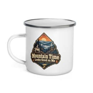 Gatlinburg and the Smokies Enamel Camp Mug: Mountain Time Looks Good on Me, Scenic Shield Badge - 12 oz - Left