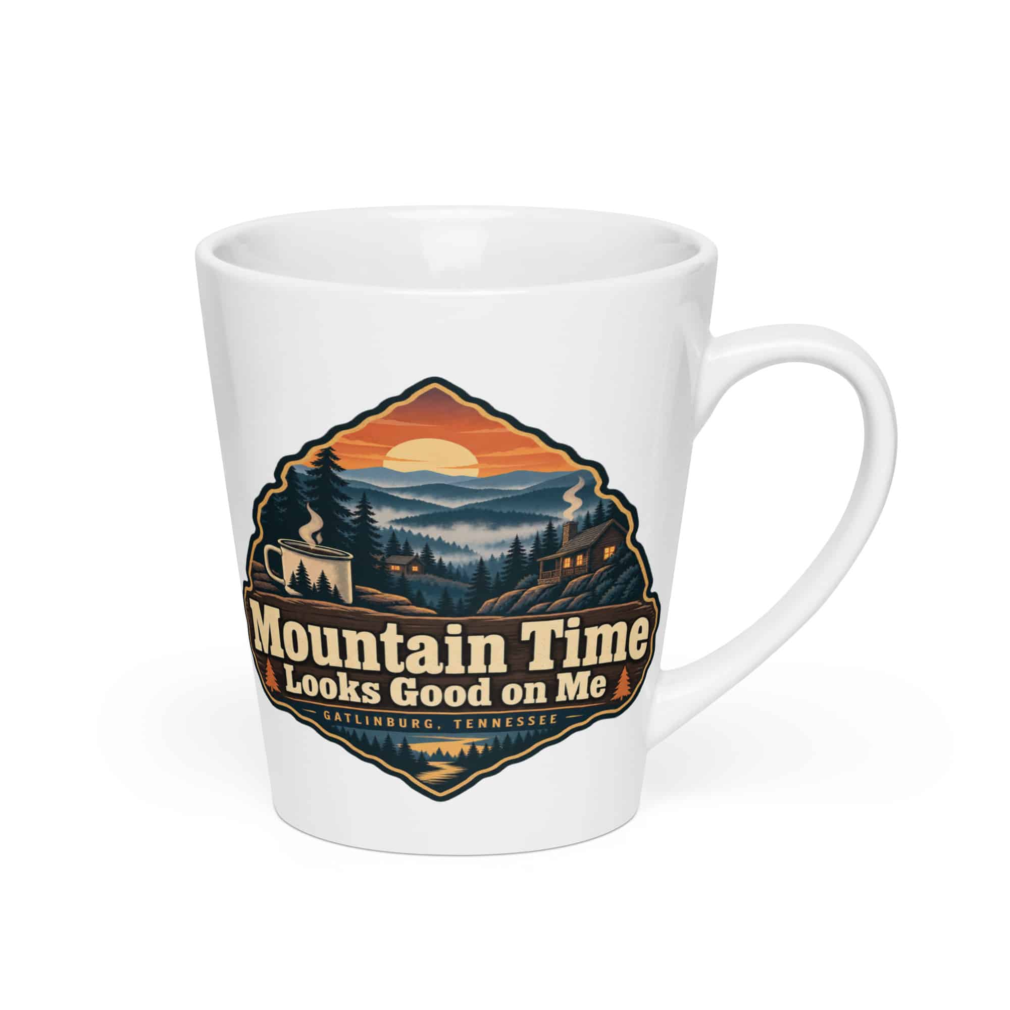 Gatlinburg and the Smokies Latte Mug: Mountain Time Looks Good on Me, Scenic Shield Badge