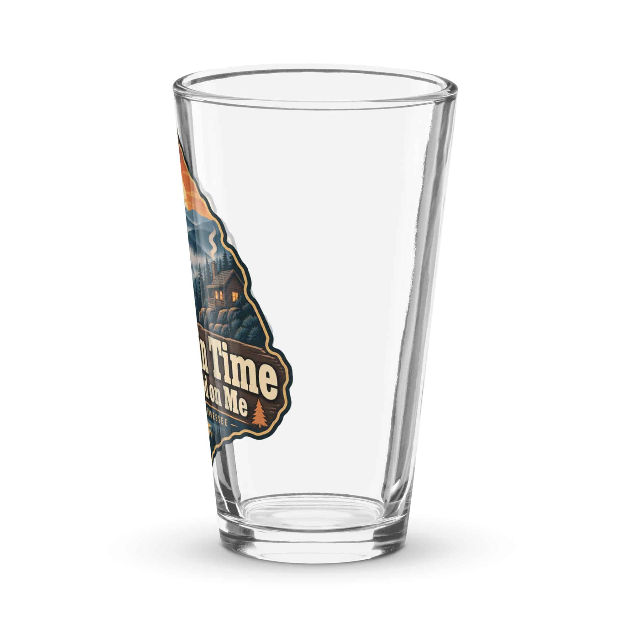 Gatlinburg and the Smokies Pint Glass: Mountain Time Looks Good on Me, Scenic Shield Badge
