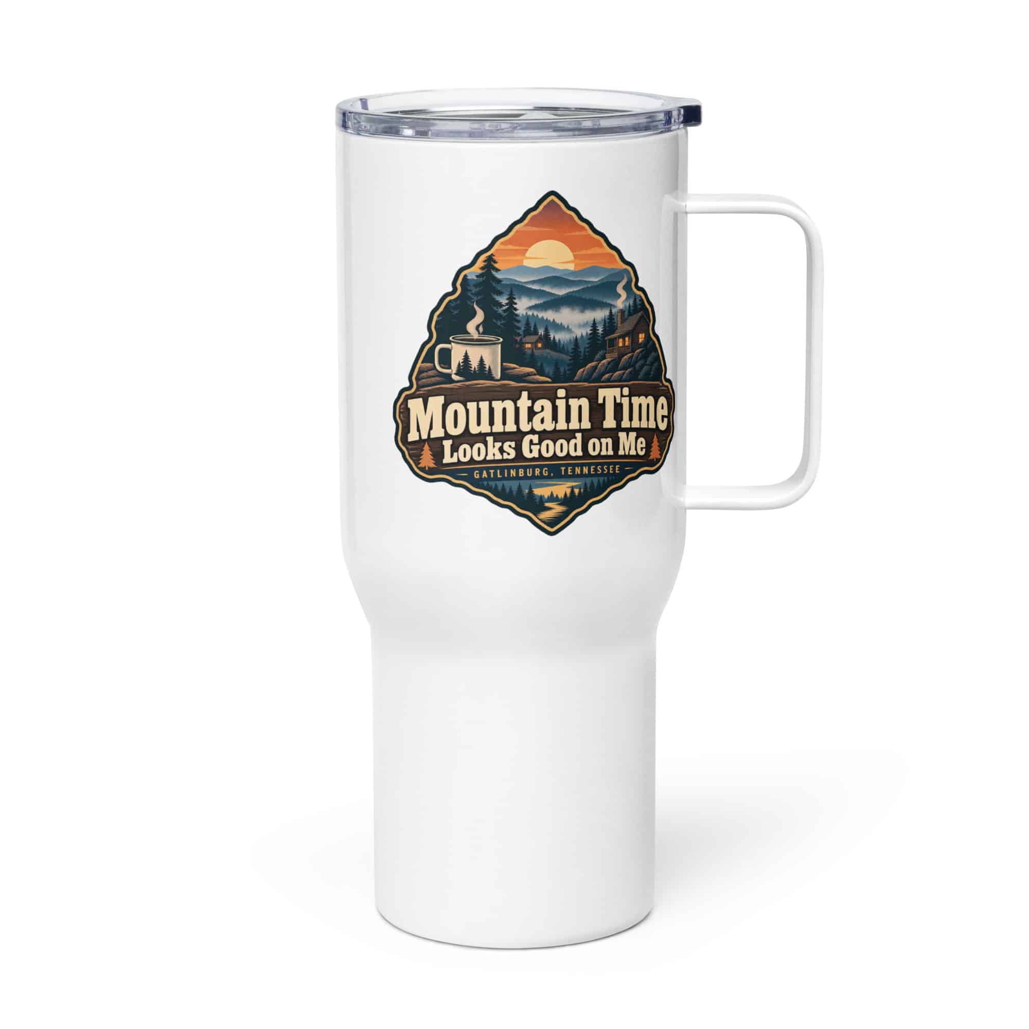 Gatlinburg and the Smokies Travel Mug: Mountain Time Looks Good on Me, Scenic Shield Badge