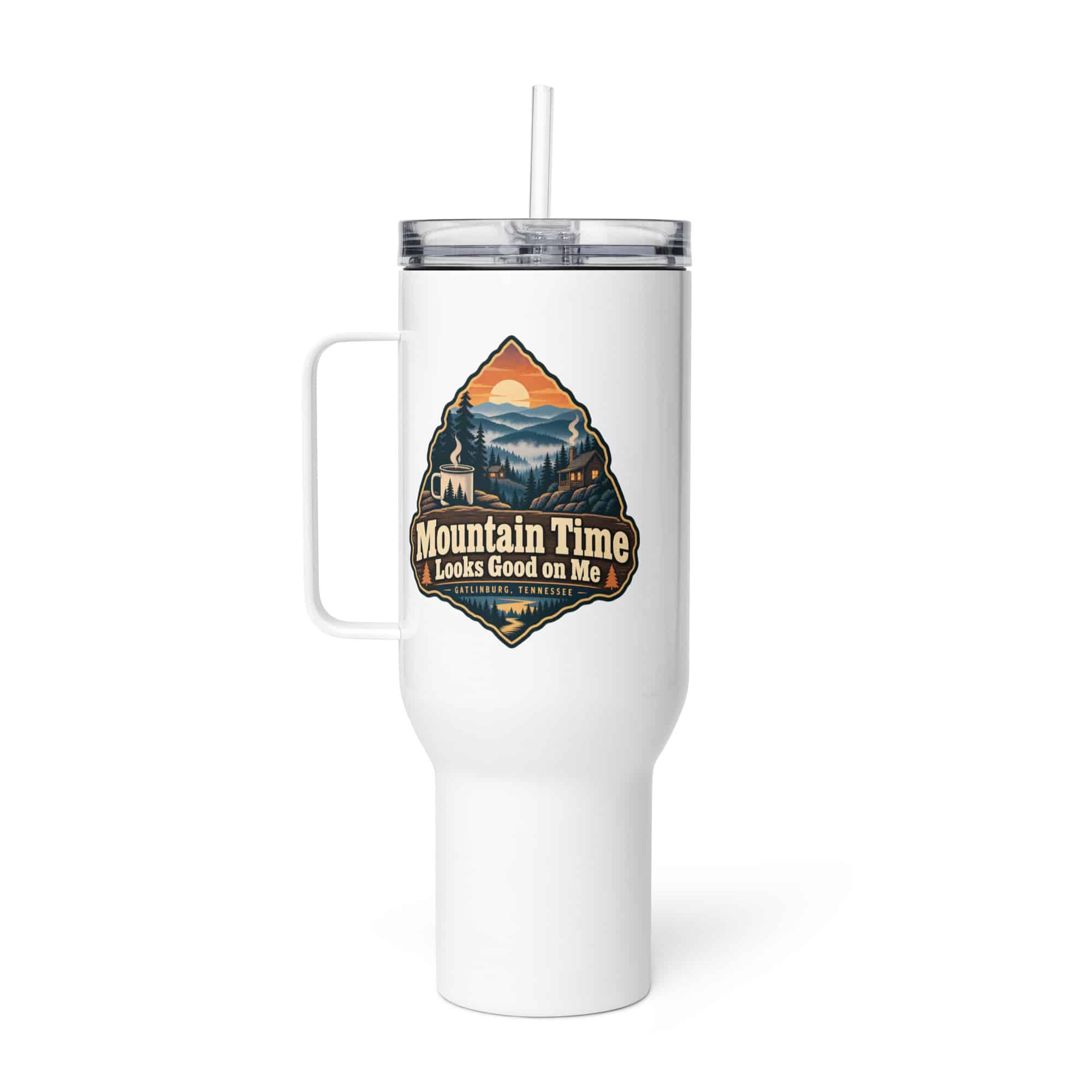 Gatlinburg and the Smokies Travel Mug: Mountain Time Looks Good on Me, Scenic Shield Badge