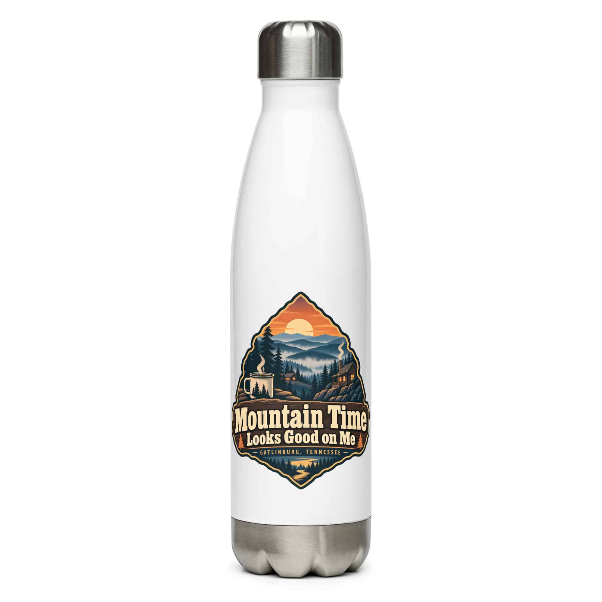 Gatlinburg and the Smokies Stainless Steel Water Bottle: Mountain Time Looks Good on Me, Scenic Shield Badge