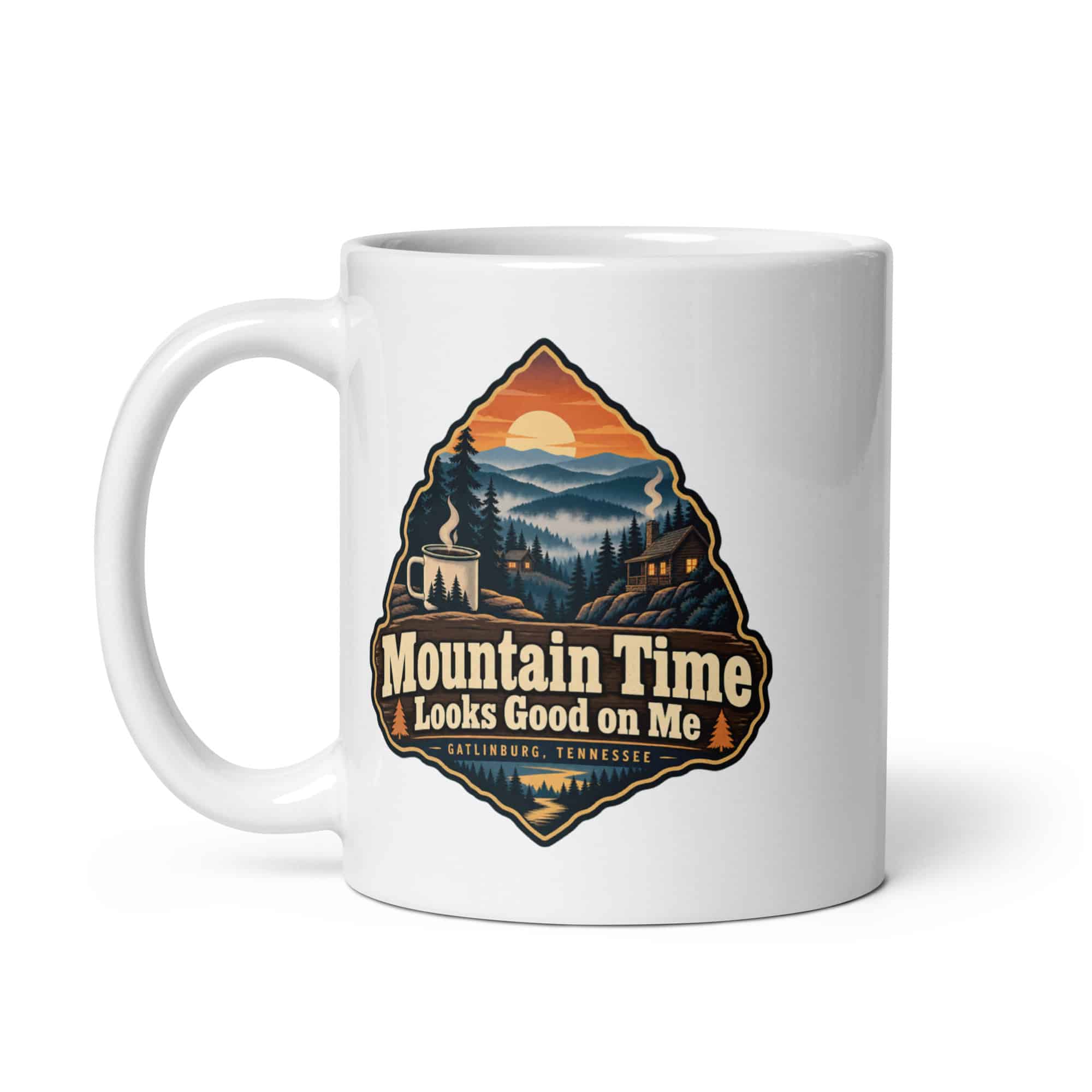 Gatlinburg and the Smokies White Ceramic Coffee Mug: Mountain Time Looks Good on Me, Scenic Shield Badge