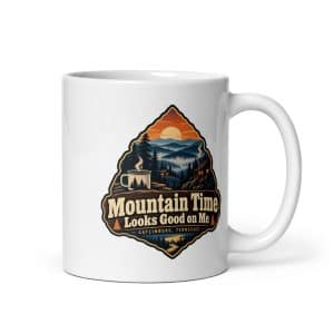Gatlinburg and the Smokies White Ceramic Coffee Mug: Mountain Time Looks Good on Me, Scenic Shield Badge - 11 oz - Main