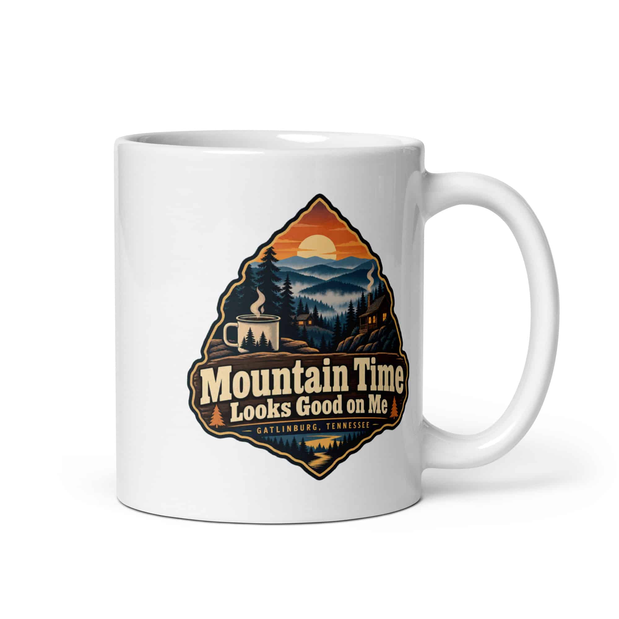Gatlinburg and the Smokies White Ceramic Coffee Mug: Mountain Time Looks Good on Me, Scenic Shield Badge