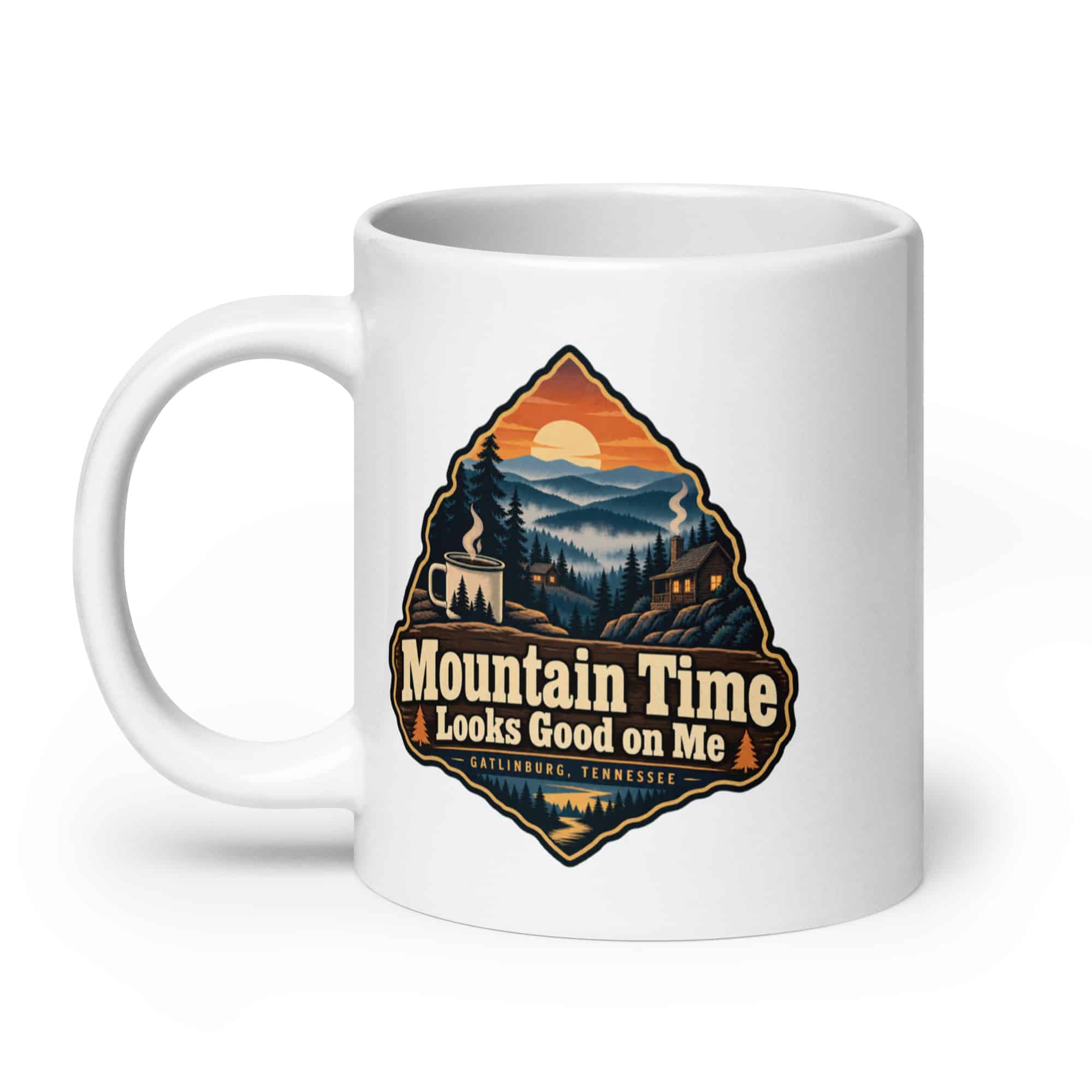 Gatlinburg and the Smokies White Ceramic Coffee Mug: Mountain Time Looks Good on Me, Scenic Shield Badge