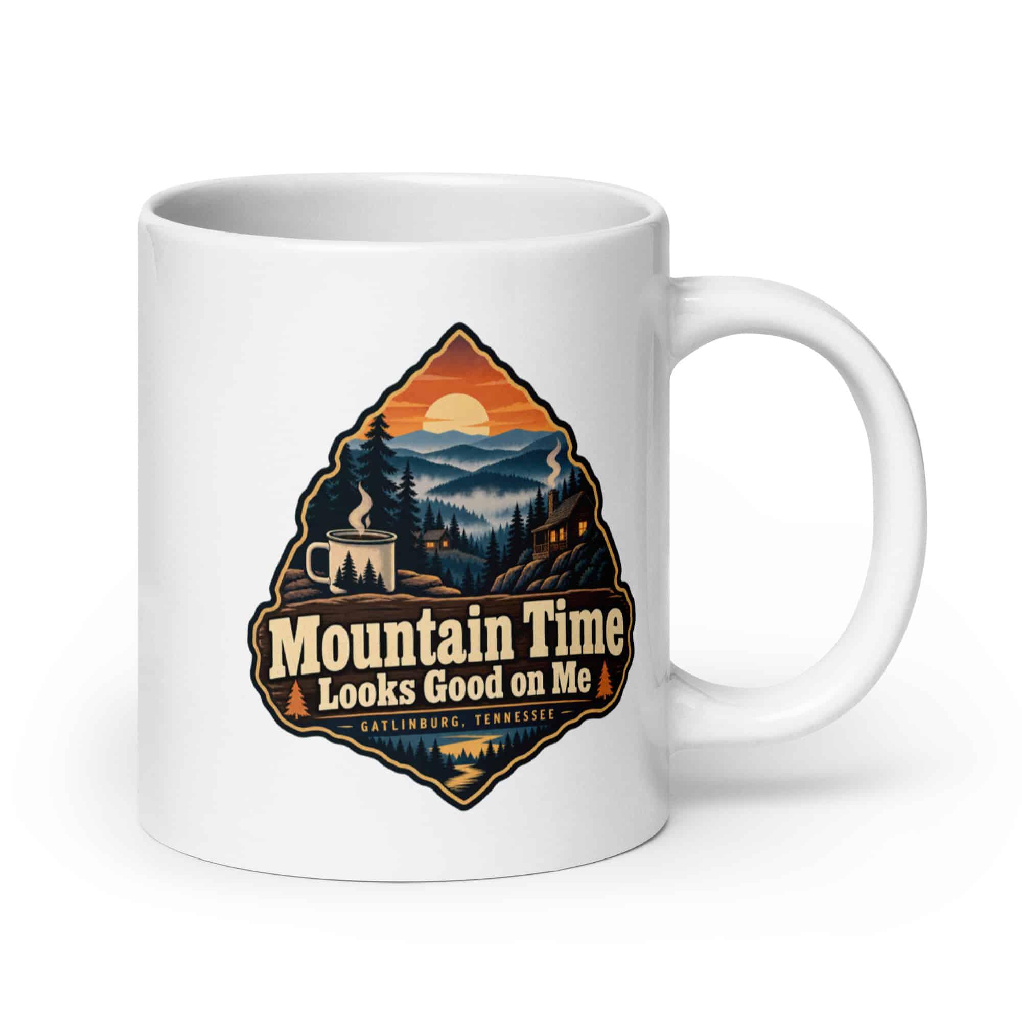 Gatlinburg and the Smokies White Ceramic Coffee Mug: Mountain Time Looks Good on Me, Scenic Shield Badge