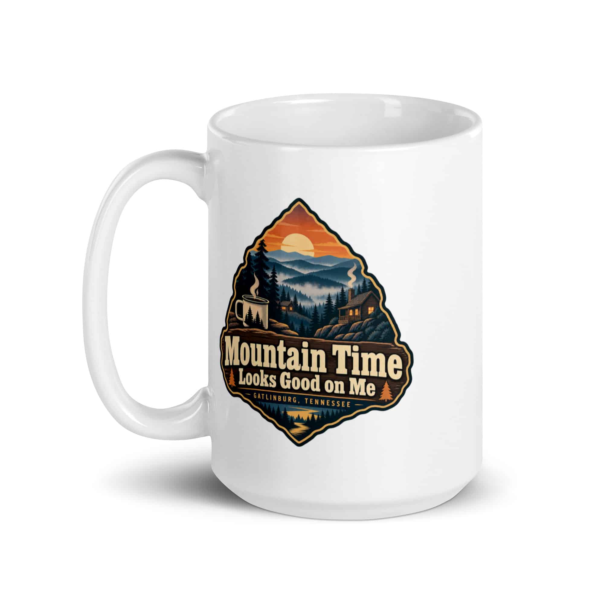 Gatlinburg and the Smokies White Ceramic Coffee Mug: Mountain Time Looks Good on Me, Scenic Shield Badge