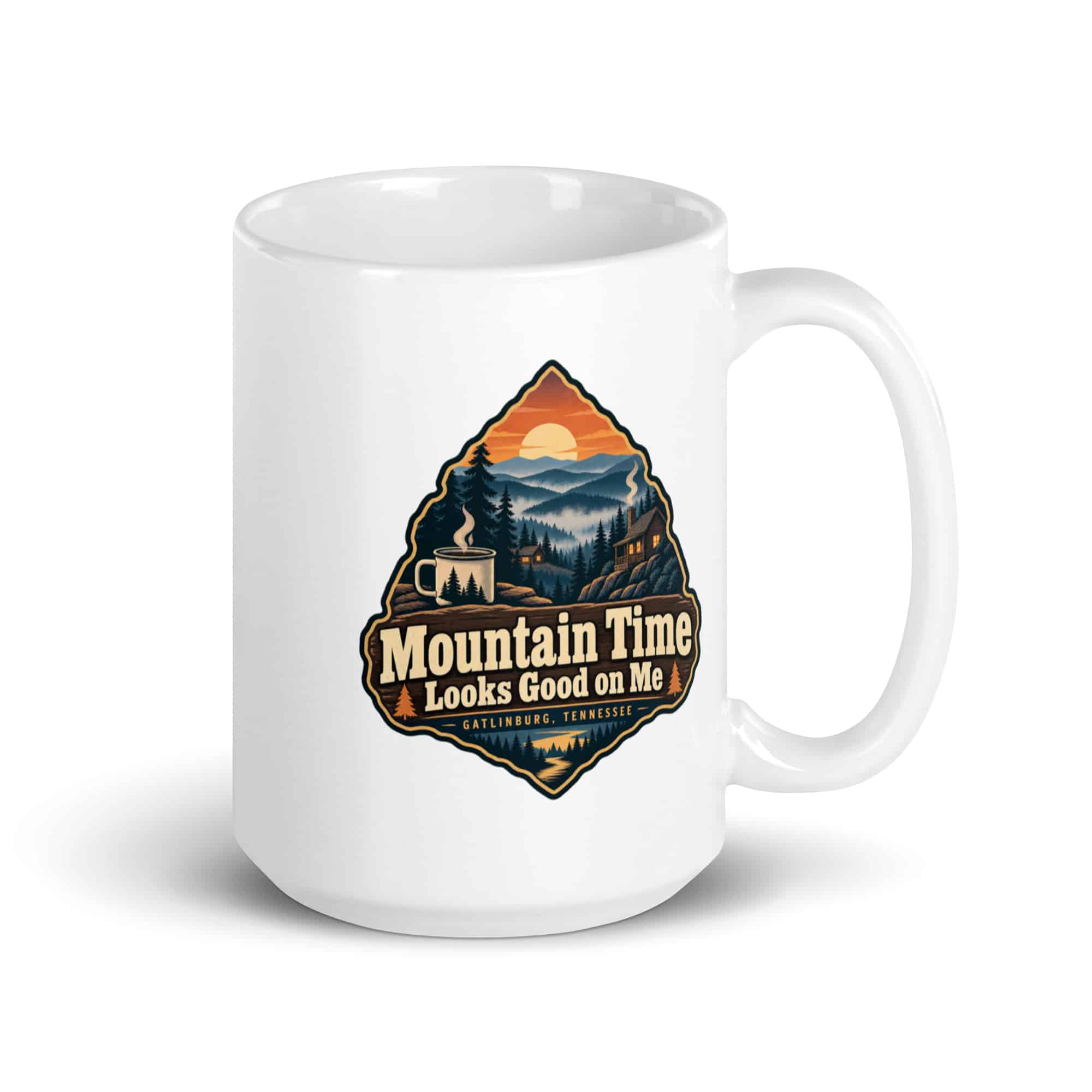 Gatlinburg and the Smokies White Ceramic Coffee Mug: Mountain Time Looks Good on Me, Scenic Shield Badge