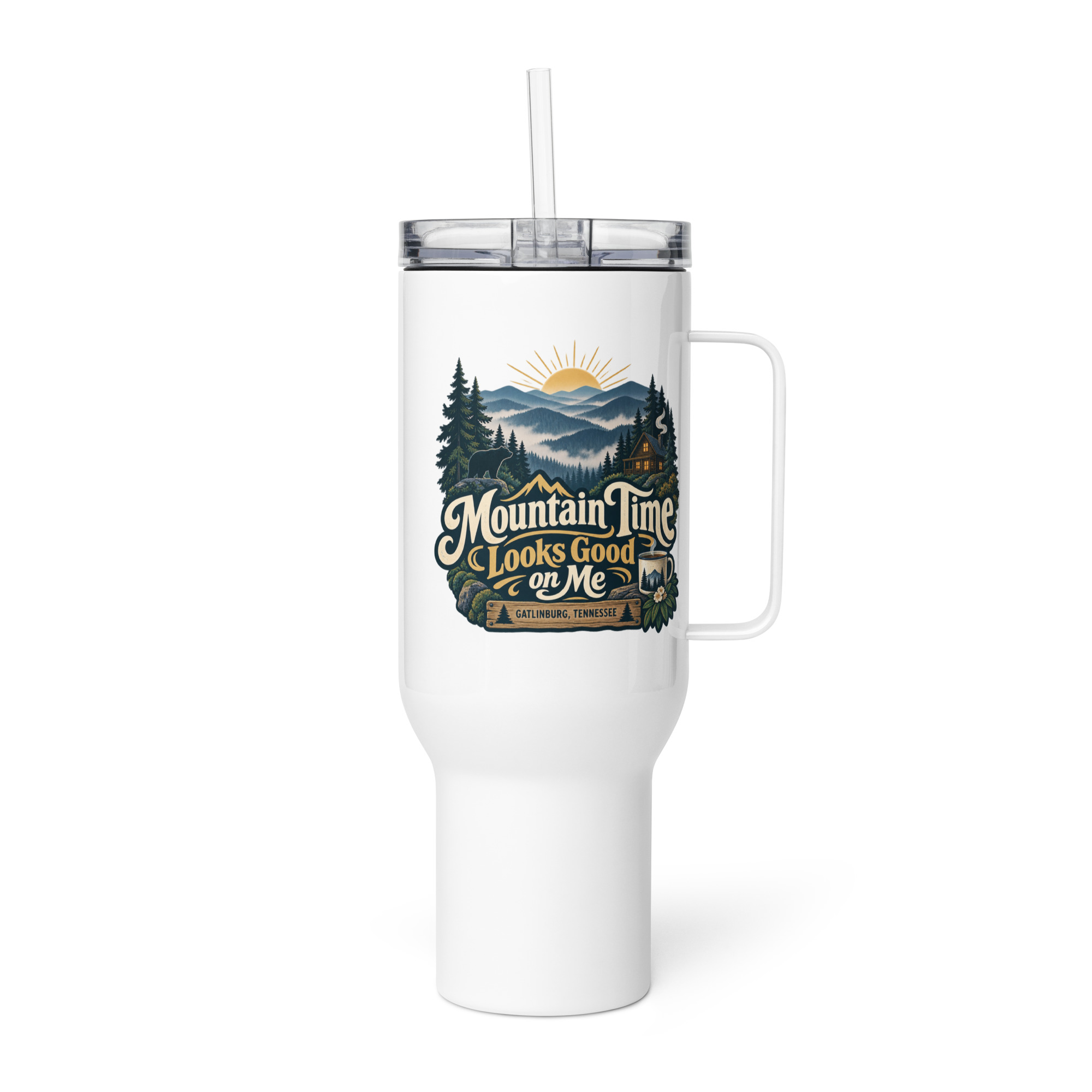 Gatlinburg and the Smokies Travel Mug: Mountain Time Looks Good on Me, Woodland Scenic Lettering