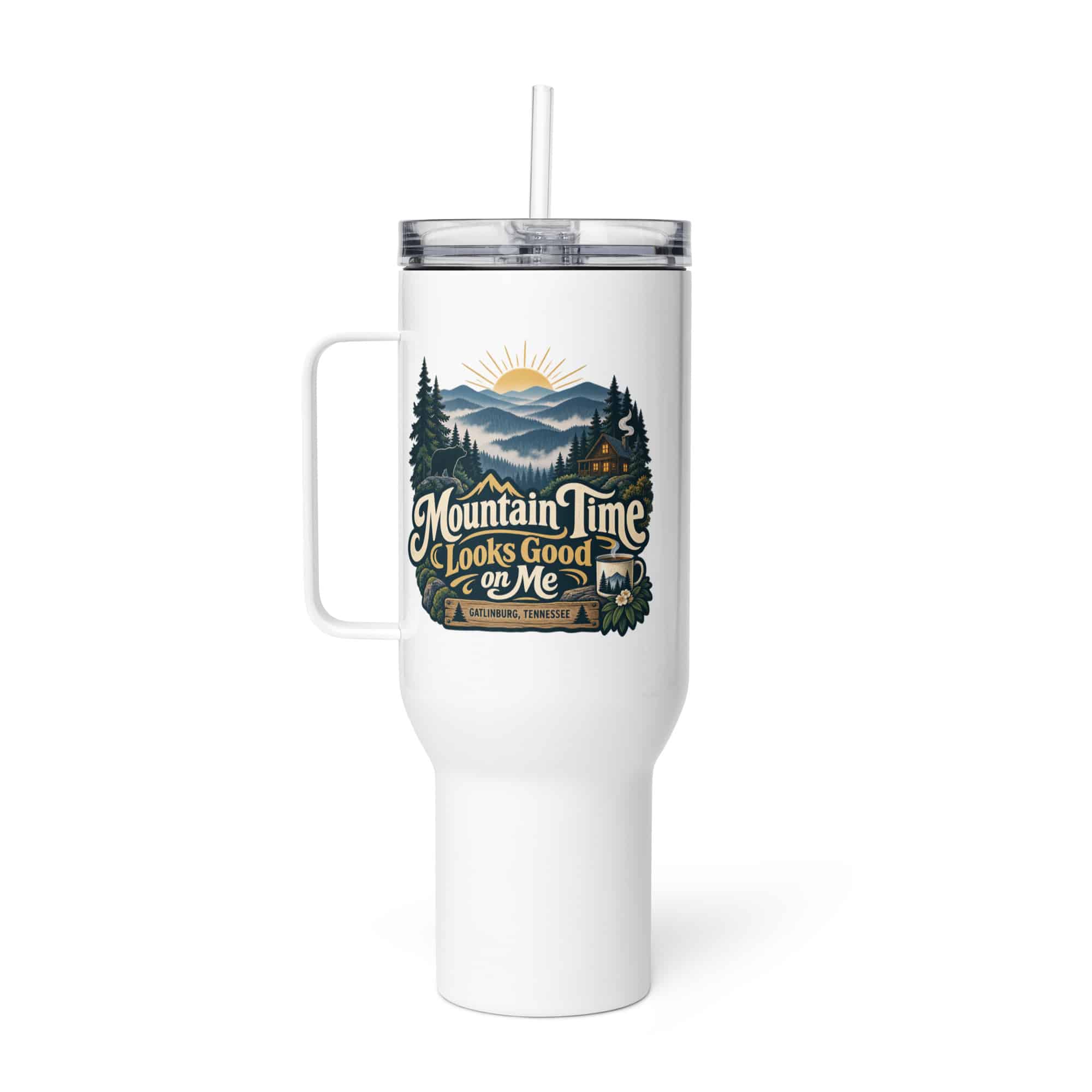 Gatlinburg and the Smokies Travel Mug: Mountain Time Looks Good on Me, Woodland Scenic Lettering