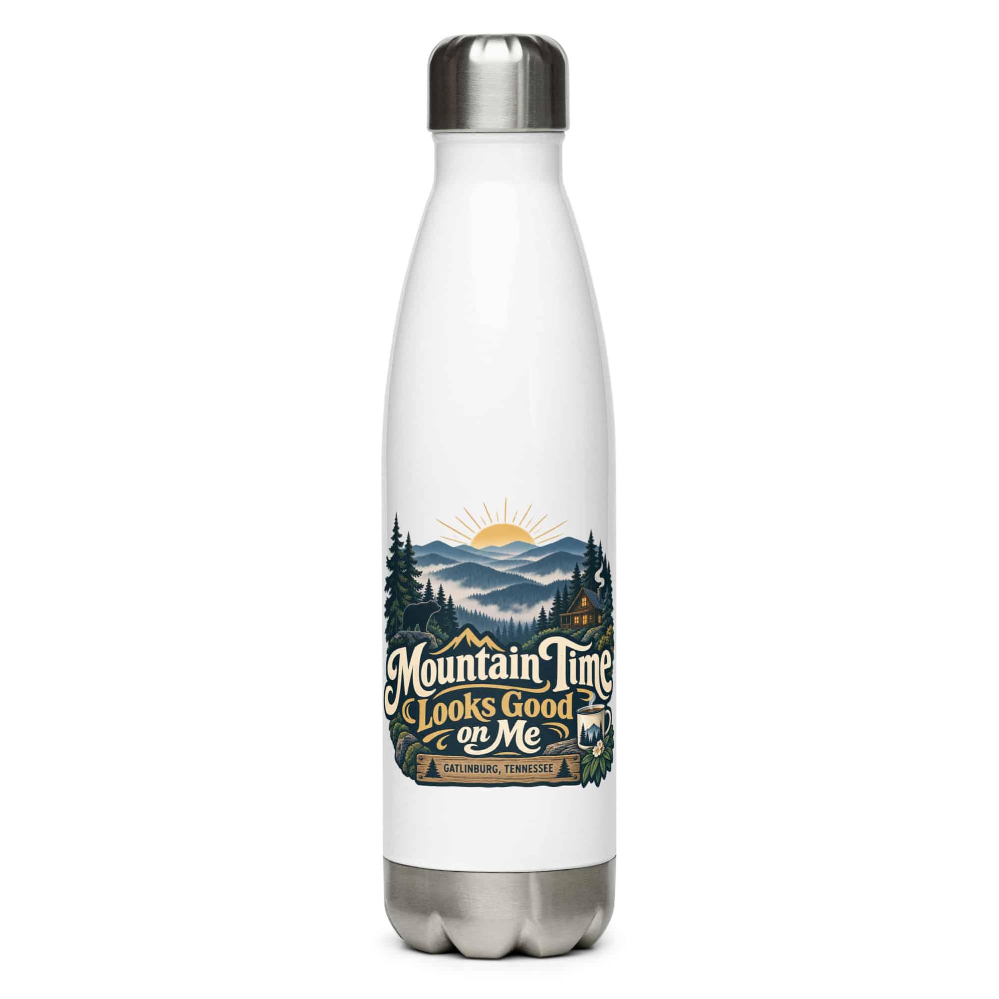 Gatlinburg and the Smokies Stainless Steel Water Bottle: Mountain Time Looks Good on Me, Woodland Scenic Lettering
