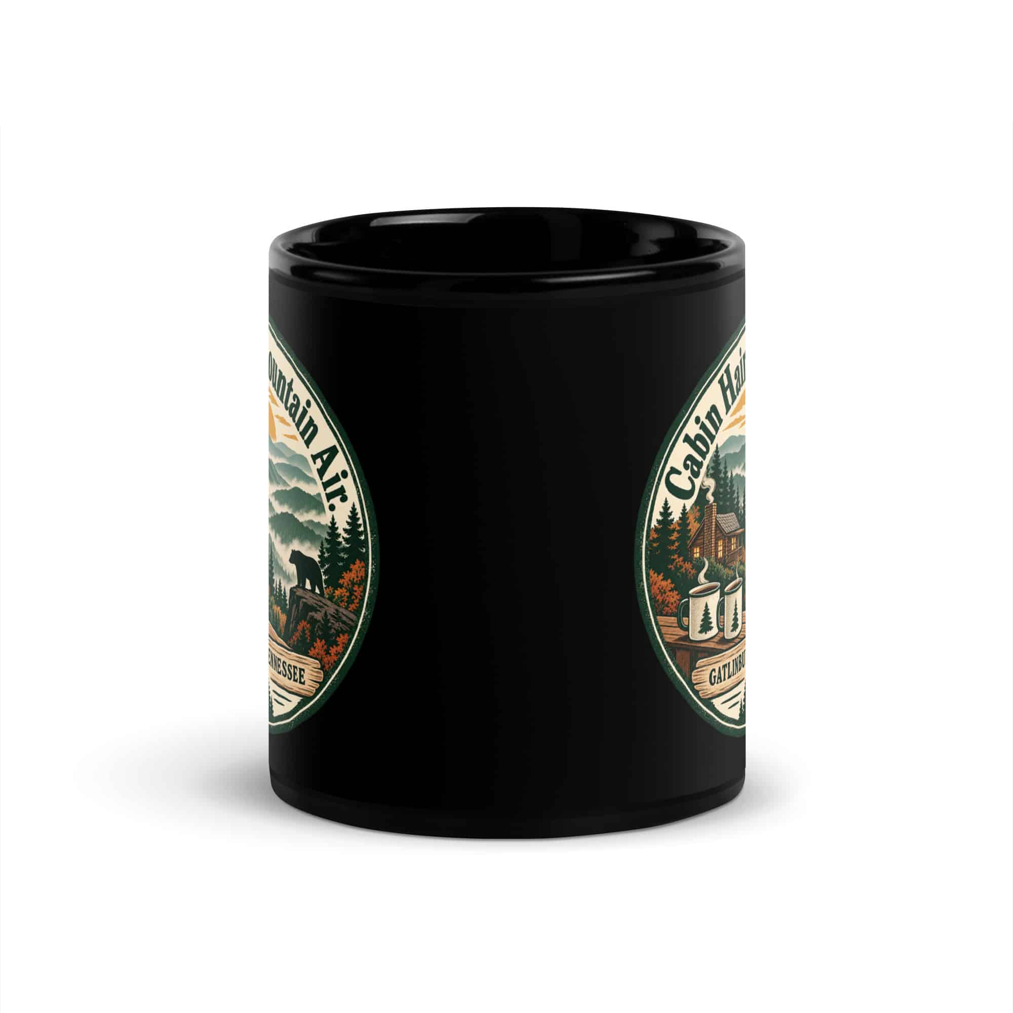 Gatlinburg and the Smokies Black Coffee Mug: Cabin Hair. Mountain Air, Vintage Round Badge