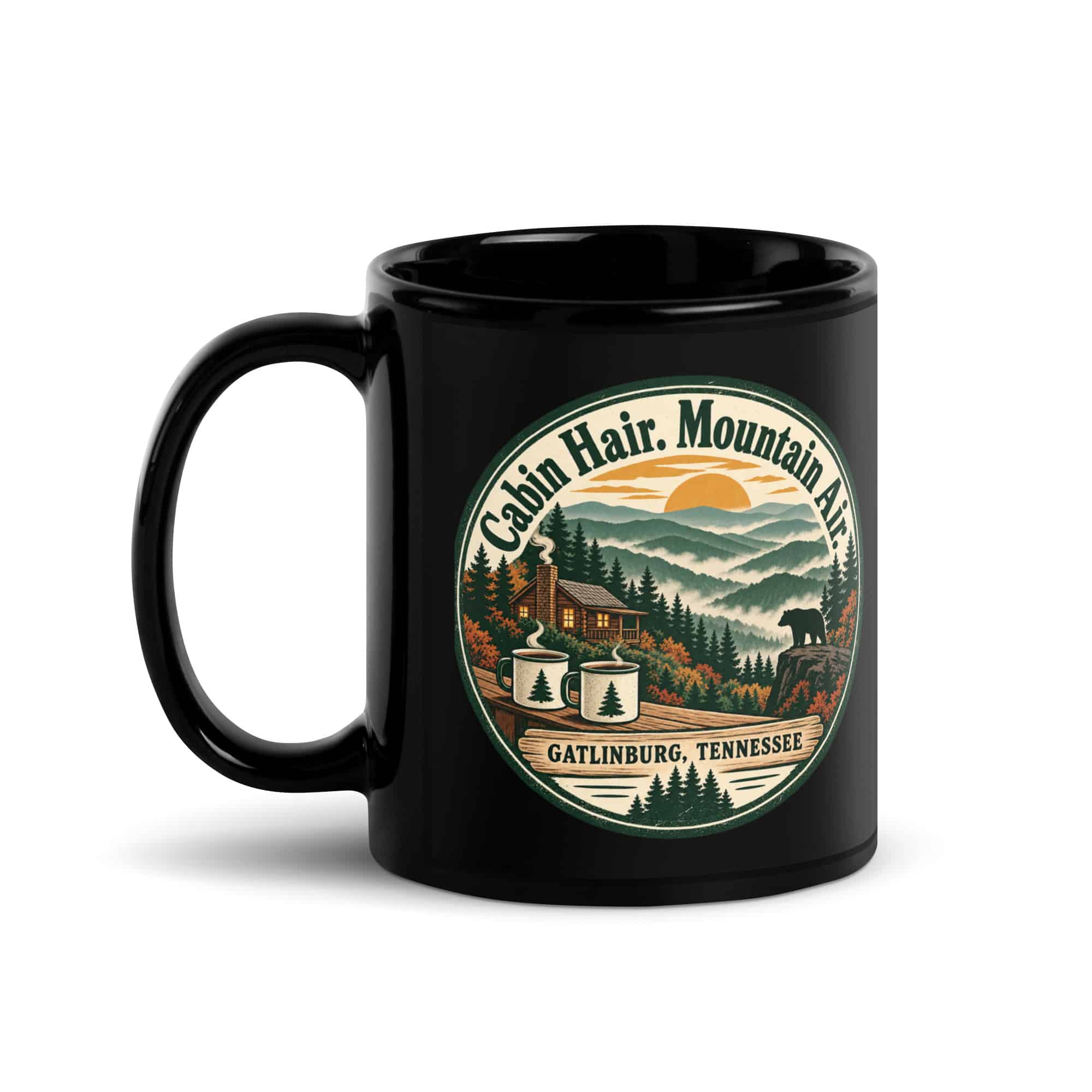 Gatlinburg and the Smokies Black Coffee Mug: Cabin Hair. Mountain Air, Vintage Round Badge