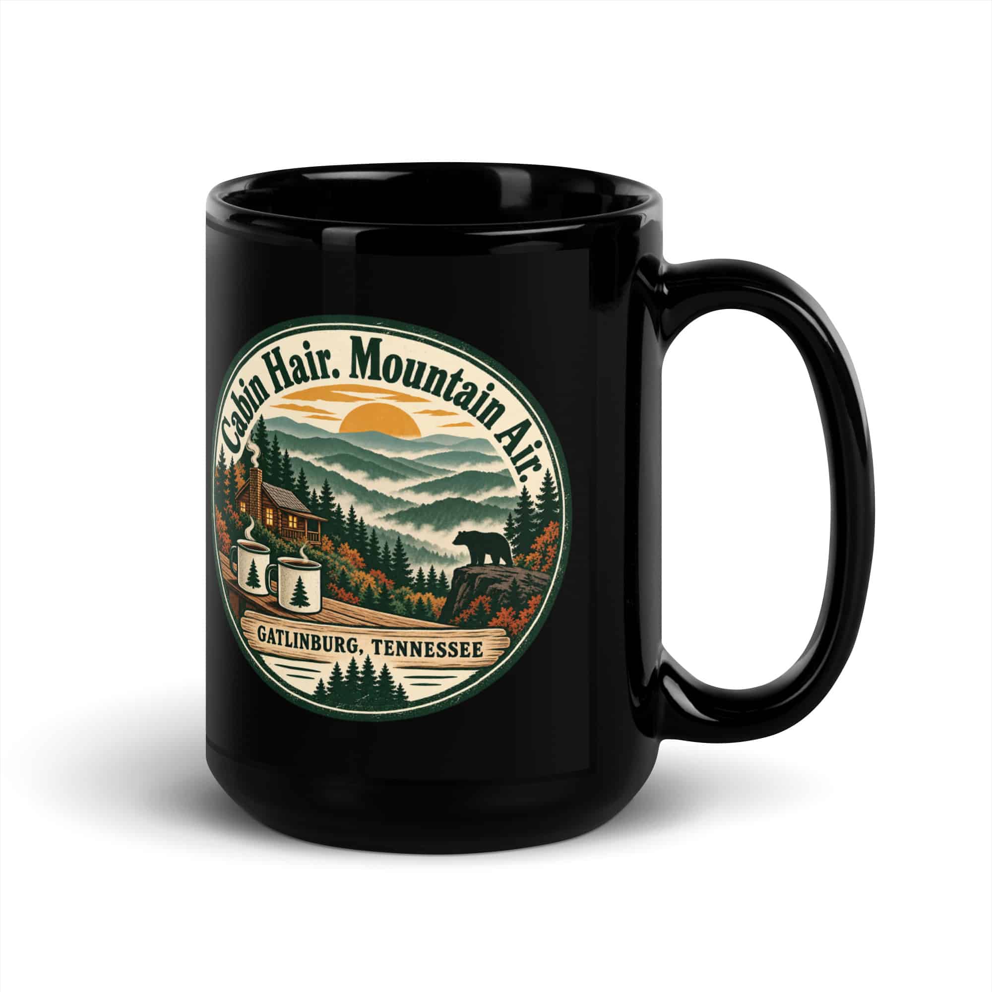 Gatlinburg and the Smokies Black Coffee Mug: Cabin Hair. Mountain Air, Vintage Round Badge